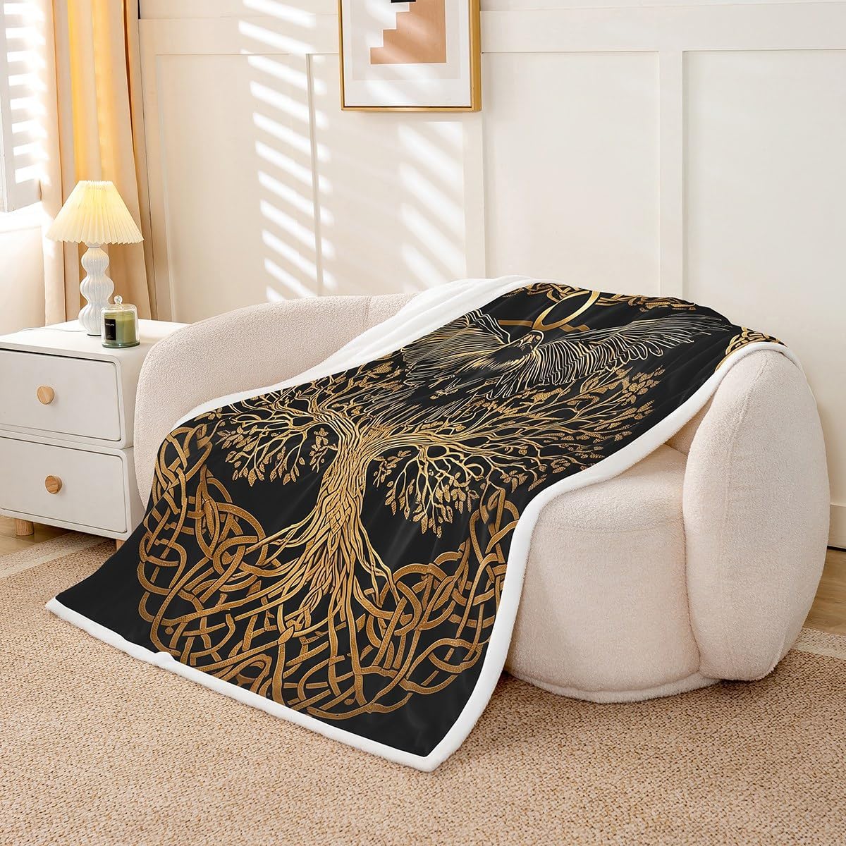 Erosebridal Viking Fleece Blanket Twin 60"X80" Viking Raven Sherpa Blankets Golden Tree of Life Throw Bed Blankets for Kids Boys Teen,Vintage Exotic Tribe Fuzzy Blanket
