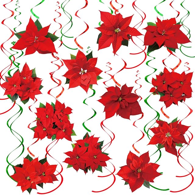 30 PCs Christmas Poinsettia Decorations Christmas Hanging Swirls Red Poinsettia Flowers Swirl Whirls Christmas Foil Ceiling Hanging Decor Xmas Swirls Garlands Streamer for Home New Year Party Supplies