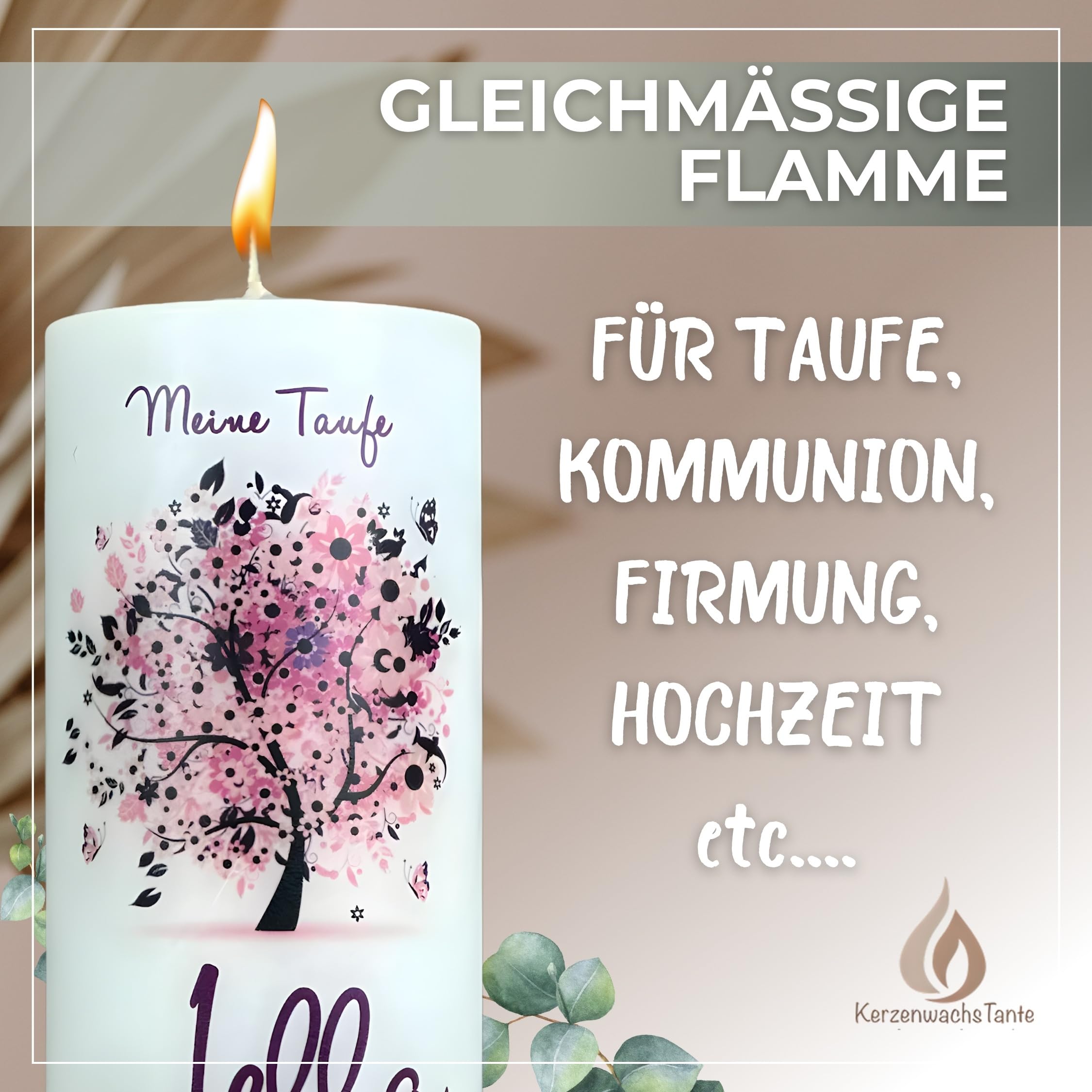 KERZENWACHSTANTE® Taufkerze "Baum des Lebens" u. Bibelmotiv 25x8 cm - Mit Wunschnamen - Geschenk zur Taufe für Jungen & Mädchen – Handarbeit mit Vintage Spitze & Schleife in pflaume-rosa