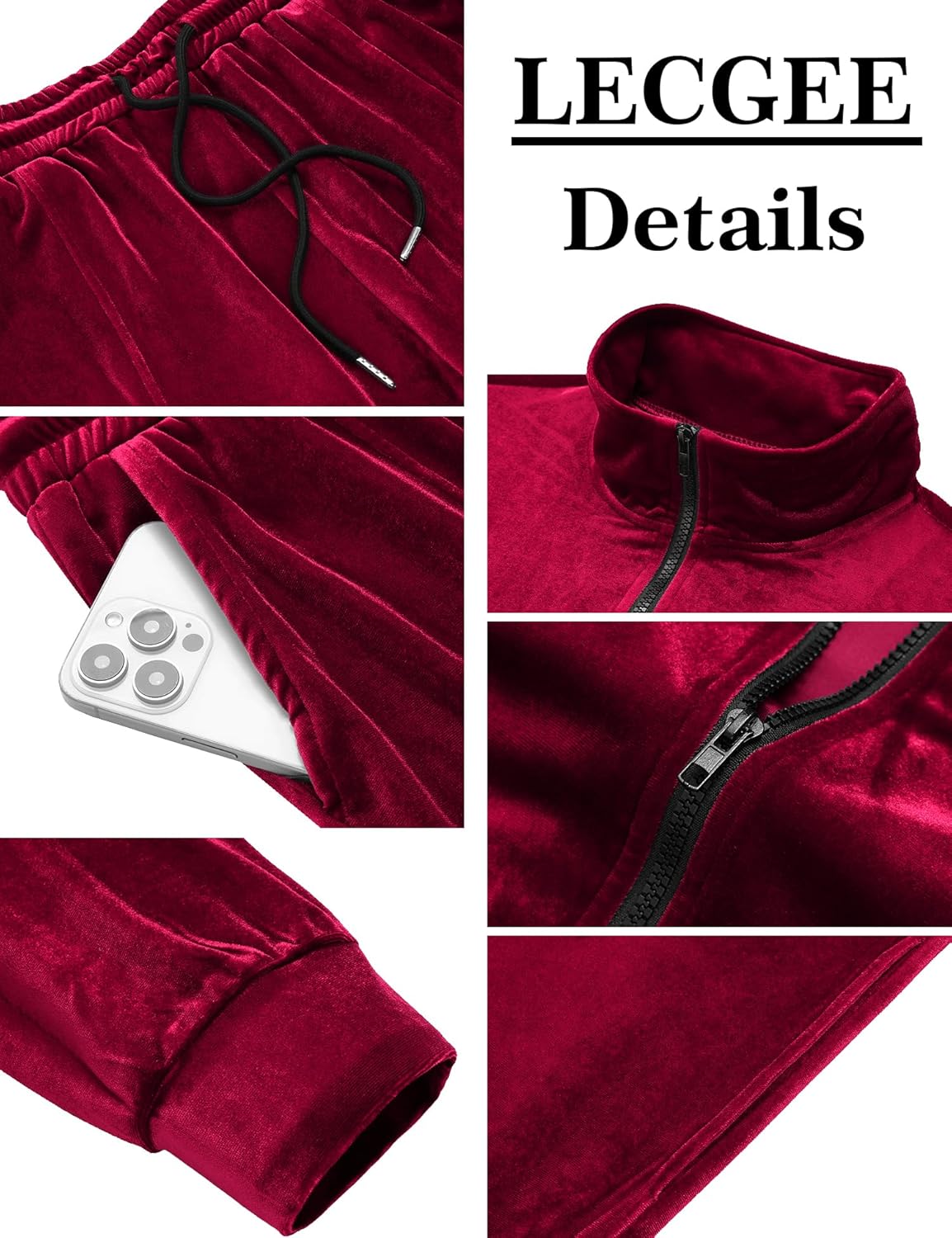 LecGee Mens 2 Piece Outfits Full Zip Velvet Long Sleeve Tracksuit Velour Casual Jogging Zipper Sweatsuit Set - Image 5