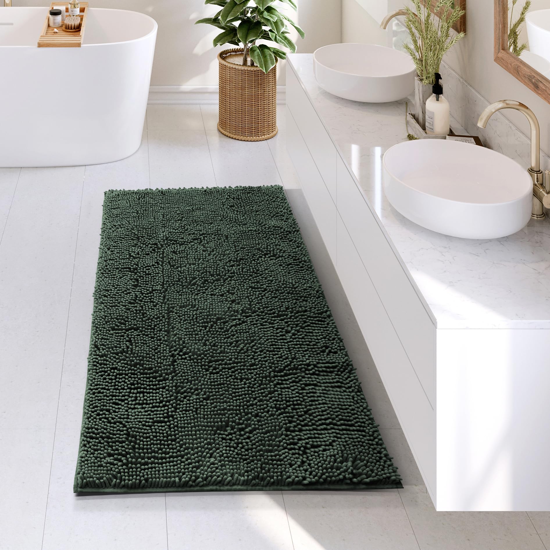 Hearth & Harbor Bathroom Rugs, Chenille Bath Mat - Machine Washable Bath Mats for Bathroom Non-Slip Backing Rubber, Quick Dry Bathroom Mat - Hunter Green Bath Rug, 26x44