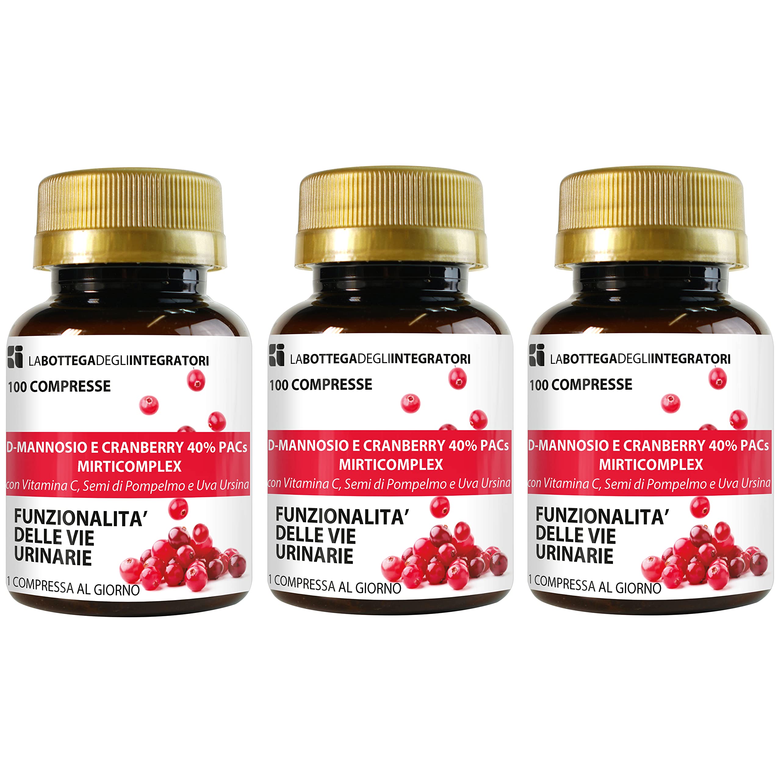 D - Mannosio e Cranberry 40% PAC Mirti Complex con Semi di Pompelmo, Uva Ursina e Vitamina C | 300 compresse 1 al dì | Mirtillo Rosso ad Alto Dosaggio