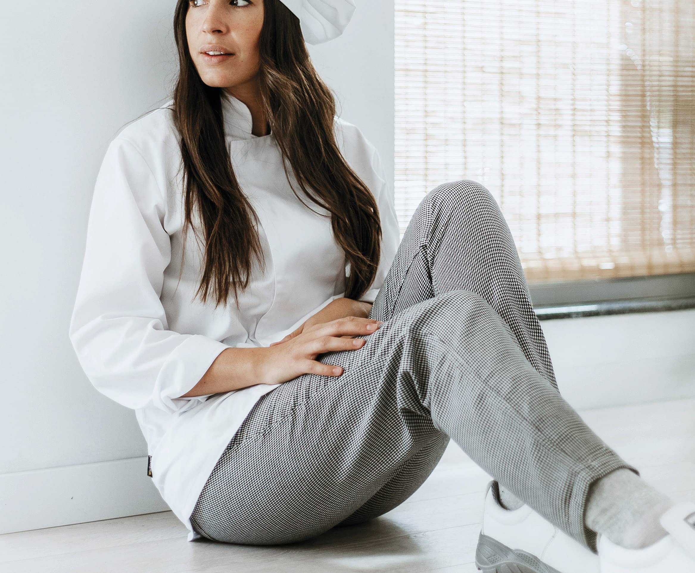 Work Team Pantalón Cocinero Unisex, Chef, Pata de Gallo clásico. Cintura elástica y cordón. Negro+Blanco M