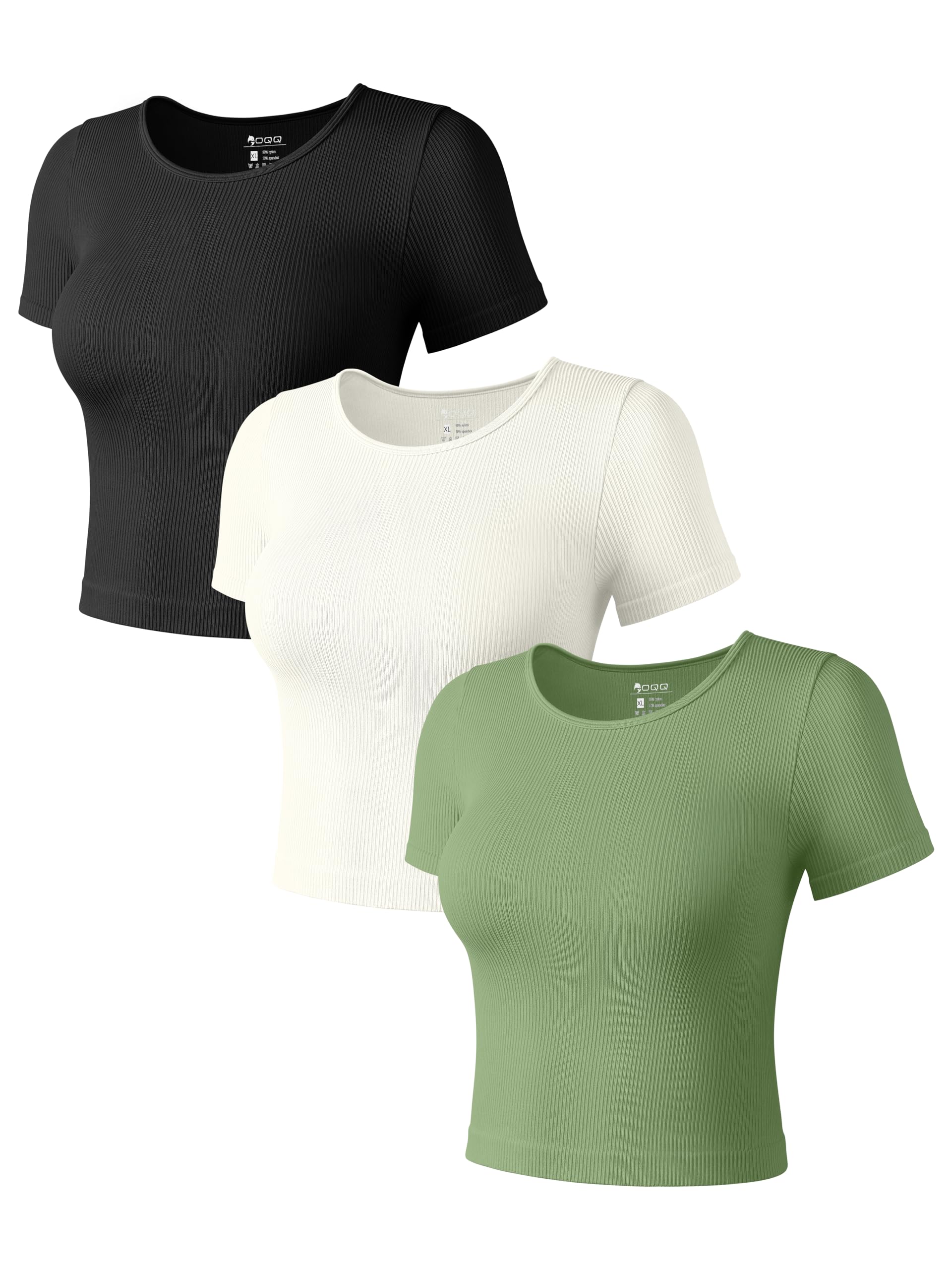 Size XL OQQ Womens 3 Piece Short Sleeve T Shirts Crew Neck Seamless Stretch Fit Basic Tee Crop Tops