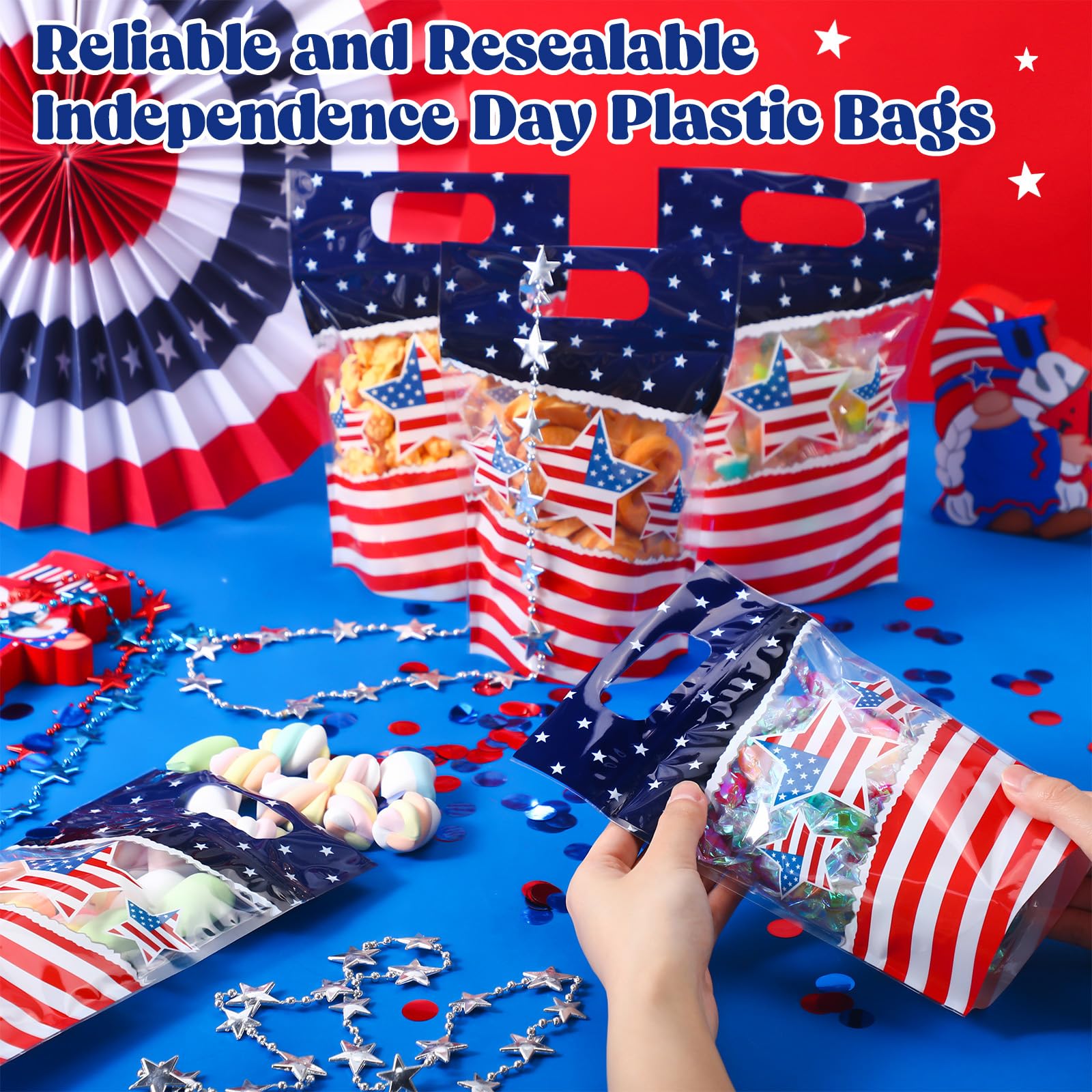 Fuutreo 50 Pcs 250th Anniversary Bags Patriotic Clear Sealed Pouches with Handles Resealable 4th of July Plastic Gift Bag for Independence Day Memorial Labor Day Candy Gift Wrap Supplies Decoration