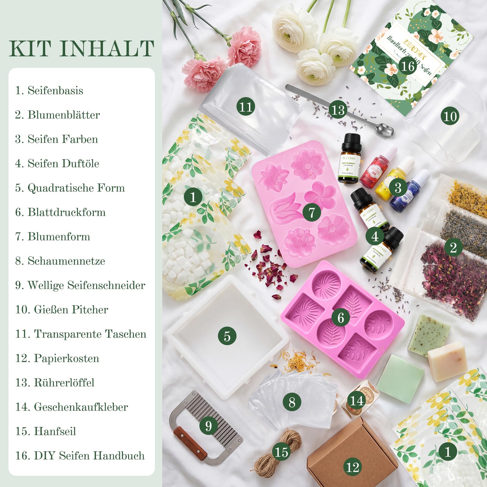 Seifen Selber Machen Set, Kreative Seifen DIY Set für Erwachsene | 1,5kg Seifenbasis, 3 Düfte, 3 Farben, 3 Silikonformen, Seifenmesser & Geschenkverpackung, Handmade Seifen Bastelset