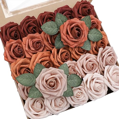 Floroom Flores artificiales, 25 piezas de rosas falsas de espuma de color terracota de aspecto real con tallos para ramos de boda, despedidas de