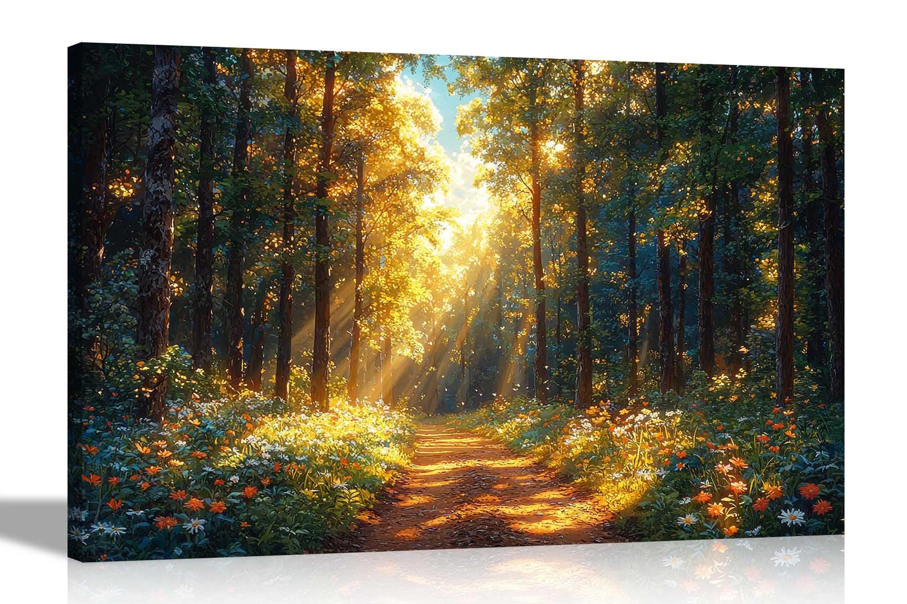 Artley Prints Forest Sunshine Summer Plants - Sunshine Forest Summer Flowers Landscape Framed Canvas Wall Art Prints For Living Room Conservatory Hallway Pictures 40 X 30Cm (16 X 12 Inches) A3