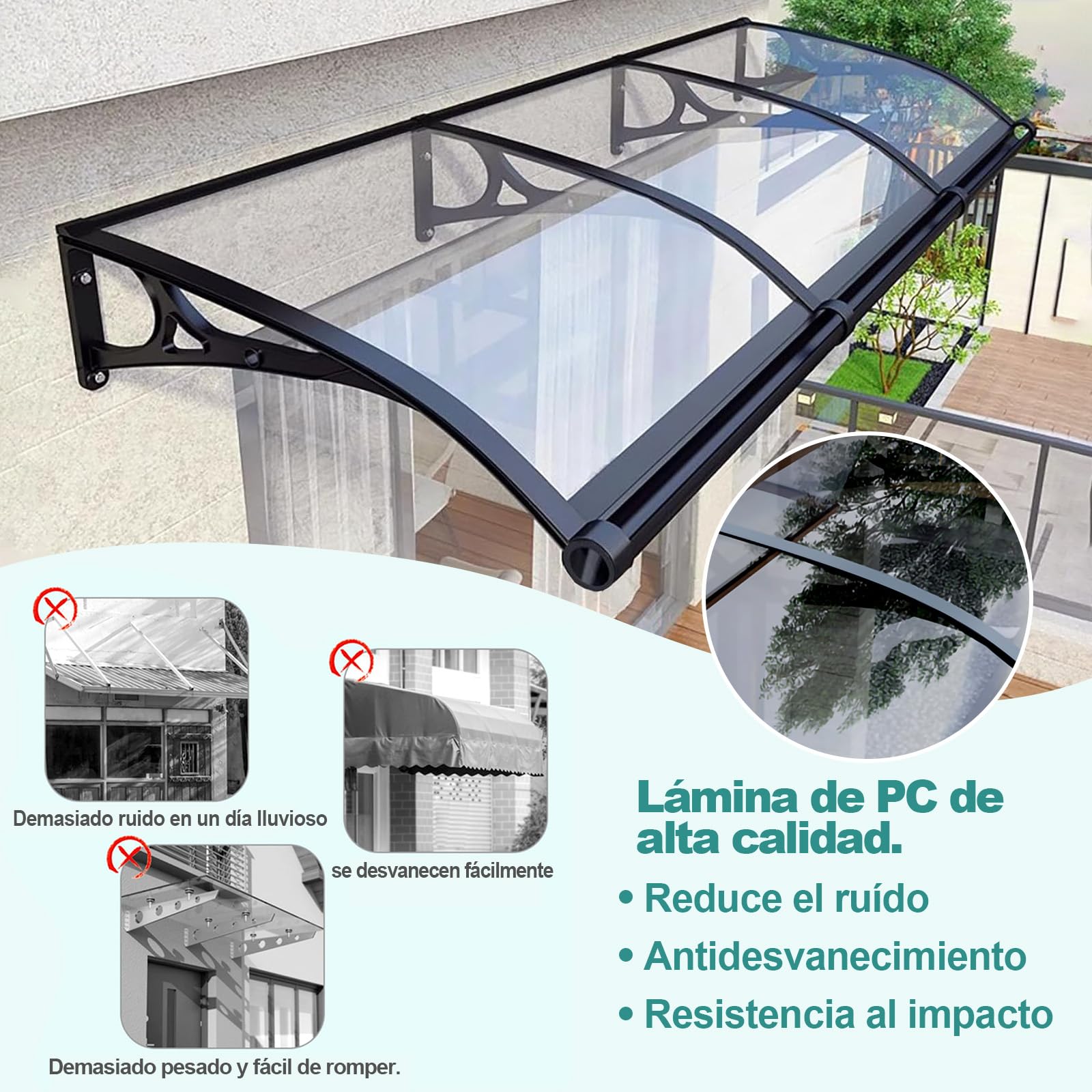 Marquesinas Exterior, Marquesina Puerta Exterior, Marquesina, Protección Solar/contra la Nieve/Lluvia, Tejadillo de Exterior para Porche/Delantero/Techo/Entrada, Instrucciones Incluidas