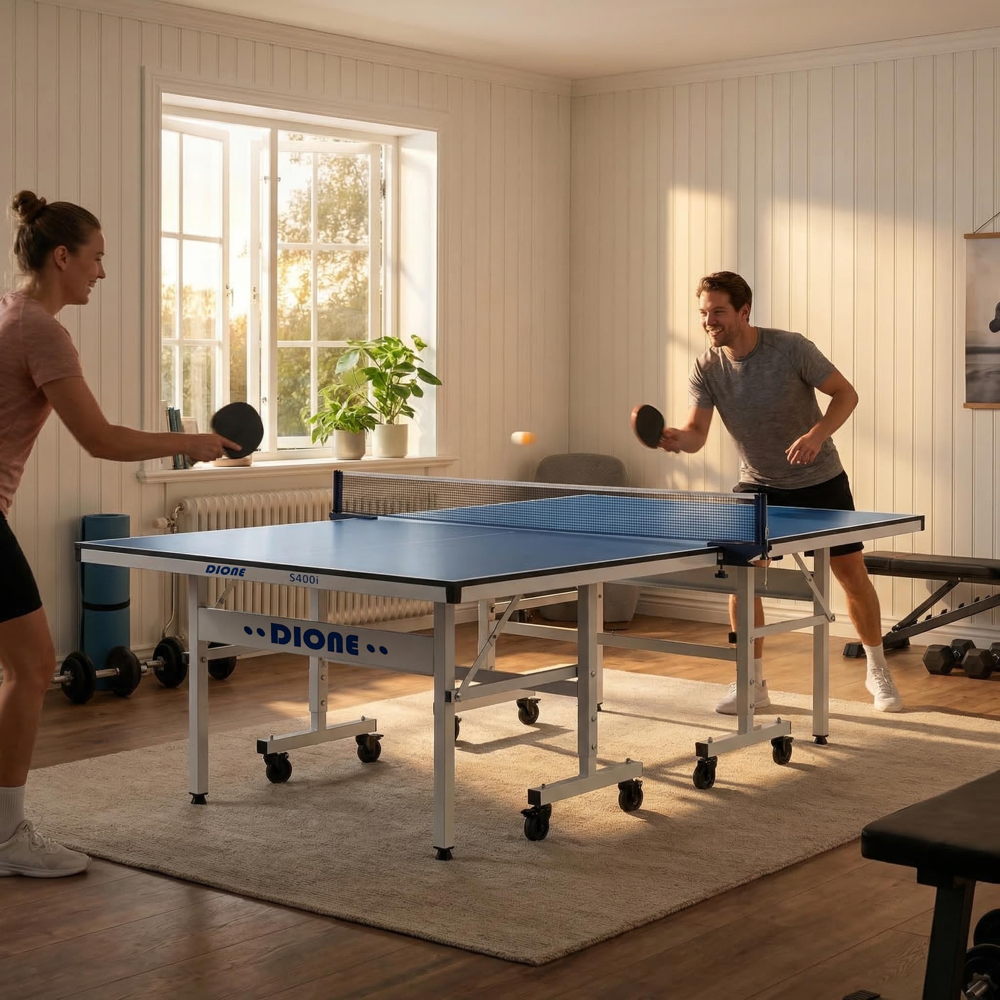 Dione Tischtennisplatte School Sport 400 kompakt Indoor Blau TT-Platte rollbarer und klappbar Tischtennistisch - 10 Minuten Installation - 70KG