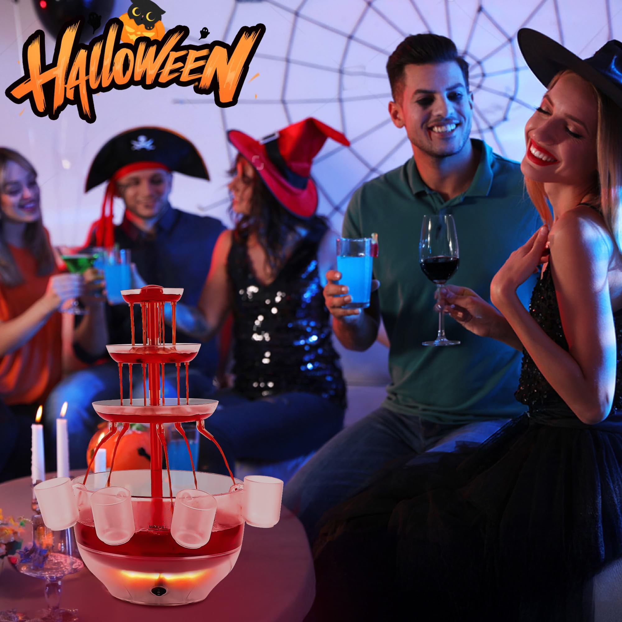 Fuente transparente de 3 niveles, fuente de bebidas de 4 l con base iluminada LED con 4 vasos reutilizables, fuente de fiesta vintage para zumos, vinos, cervezas
