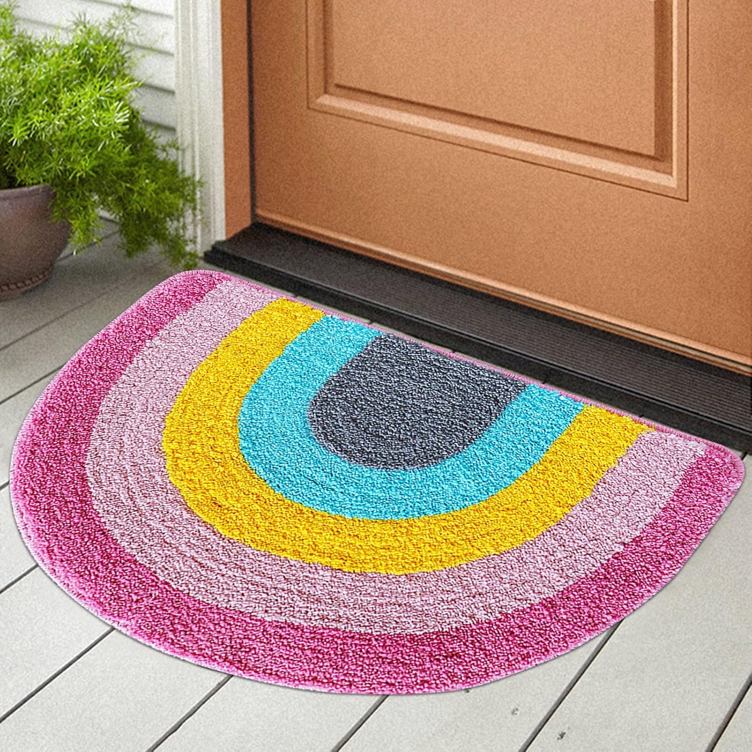 Bathroom Rug Half Circle Bath Area Rug Doormat Rainbow Bath Mat Small Kids Room Throw Rug Water Absorbent Quick Dry Shower Floor Mat for Kitchen Entrance Farmhouse 17.7"x27.6", Pink Edge