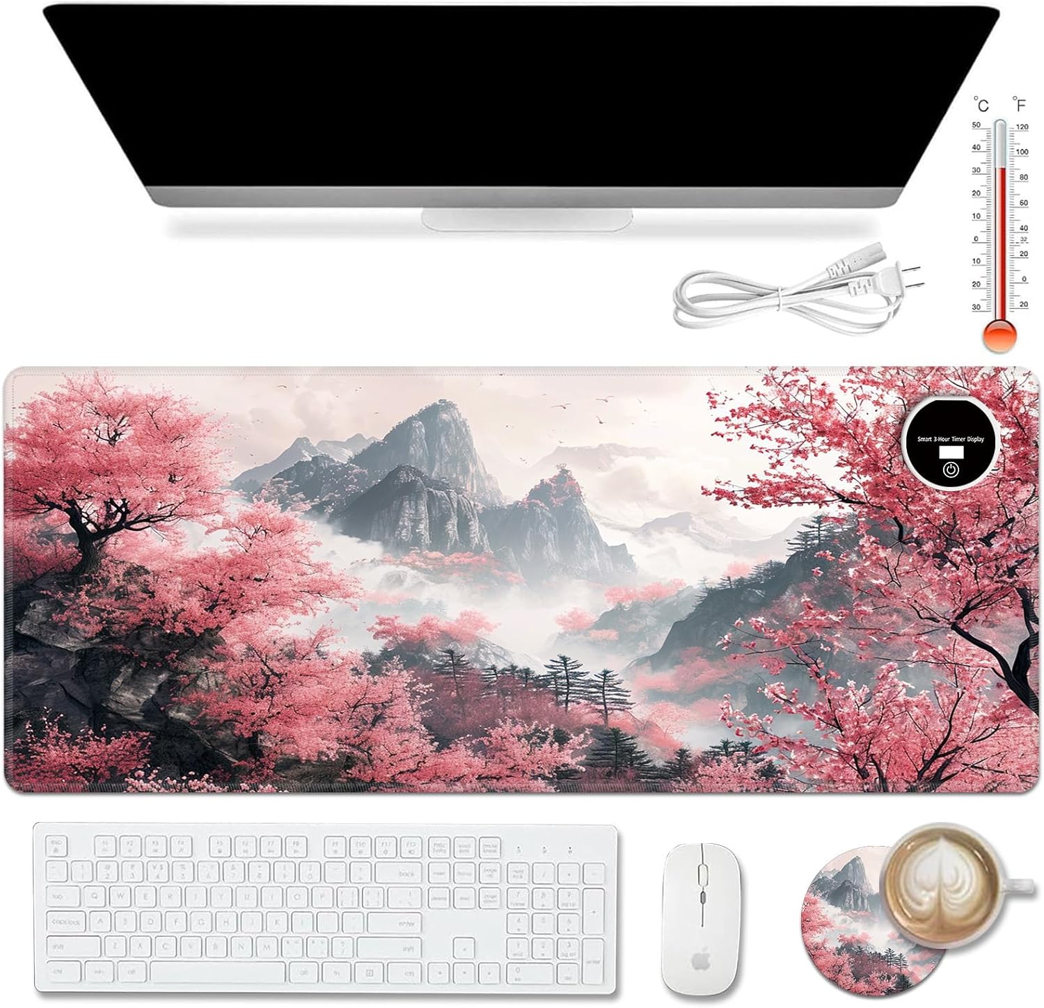 Warm Desk Pad,Heated Desk Pad,Office Mat,3 Heating Levels & 3 Hours Auto Shut-Off,31.5"*13" Gaming Mouse Laptop Keyboard Leather Desk Mat,Watercolor Tree Mountain