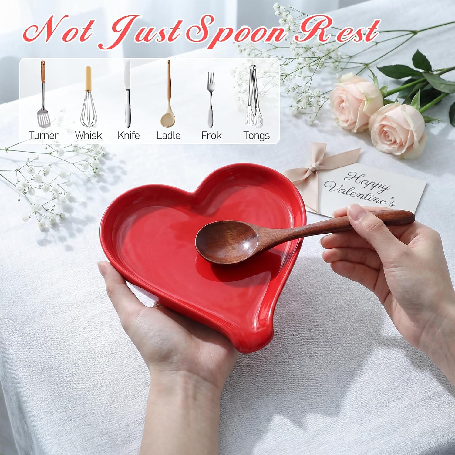 Remerry Mother's Day Heart Cute Spoon Rest for Kitchen Counter, 6 Inch Ceramic Utensil Tray for Stove Top, Coffee Teaspoon Holder & Organizer for Coffee Station & Bar, Teaspoon Holder(Red)