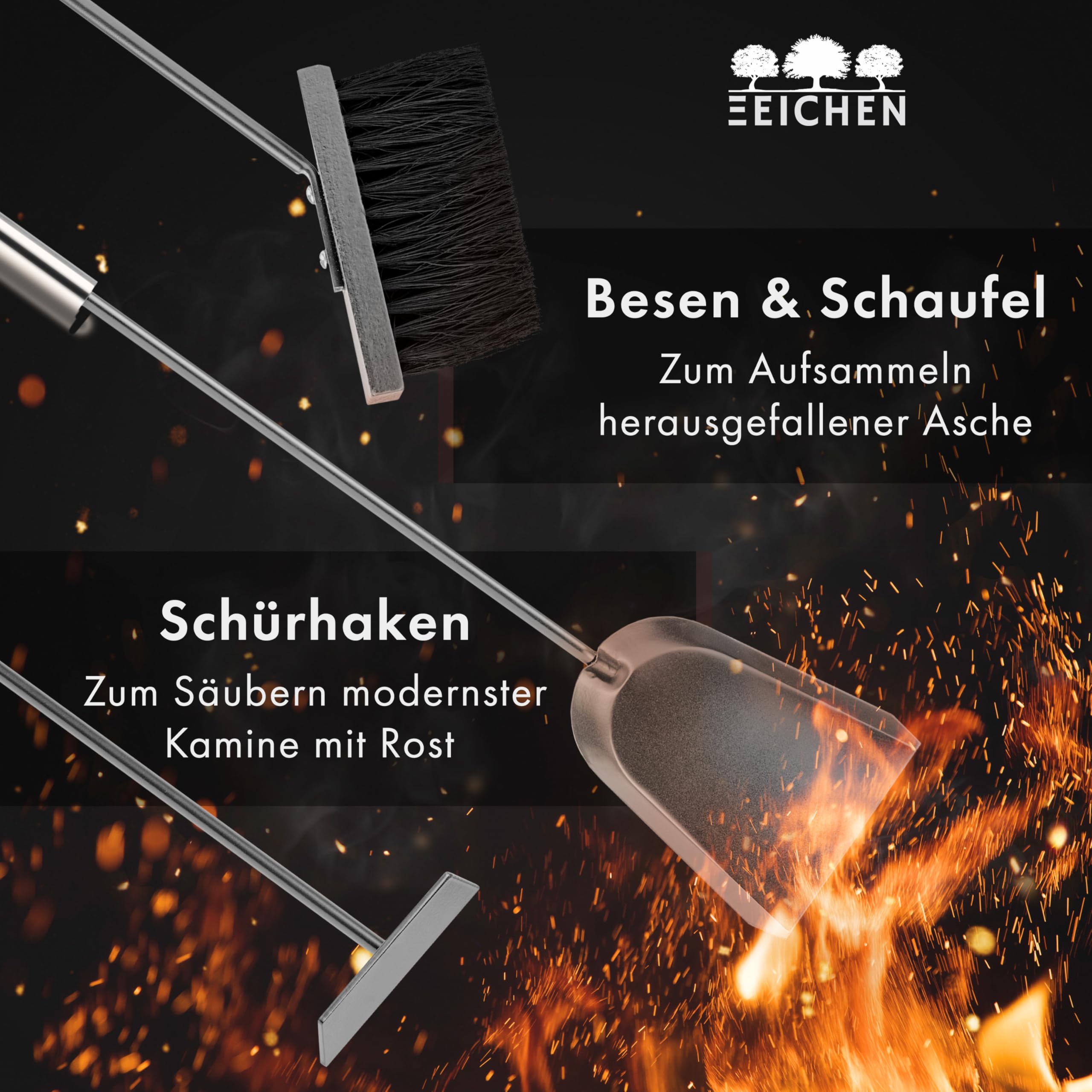 Kaminbesteck grau mit Schublade. 3-teilige Kamingarnitur mit Schürhaken, Ascheschaufel und Kaminbesen. Modernes Design. Ofenbesteck inkl. Ofen Zubehör. Kaminofen Zubehör. Kamin | Drei Eichen