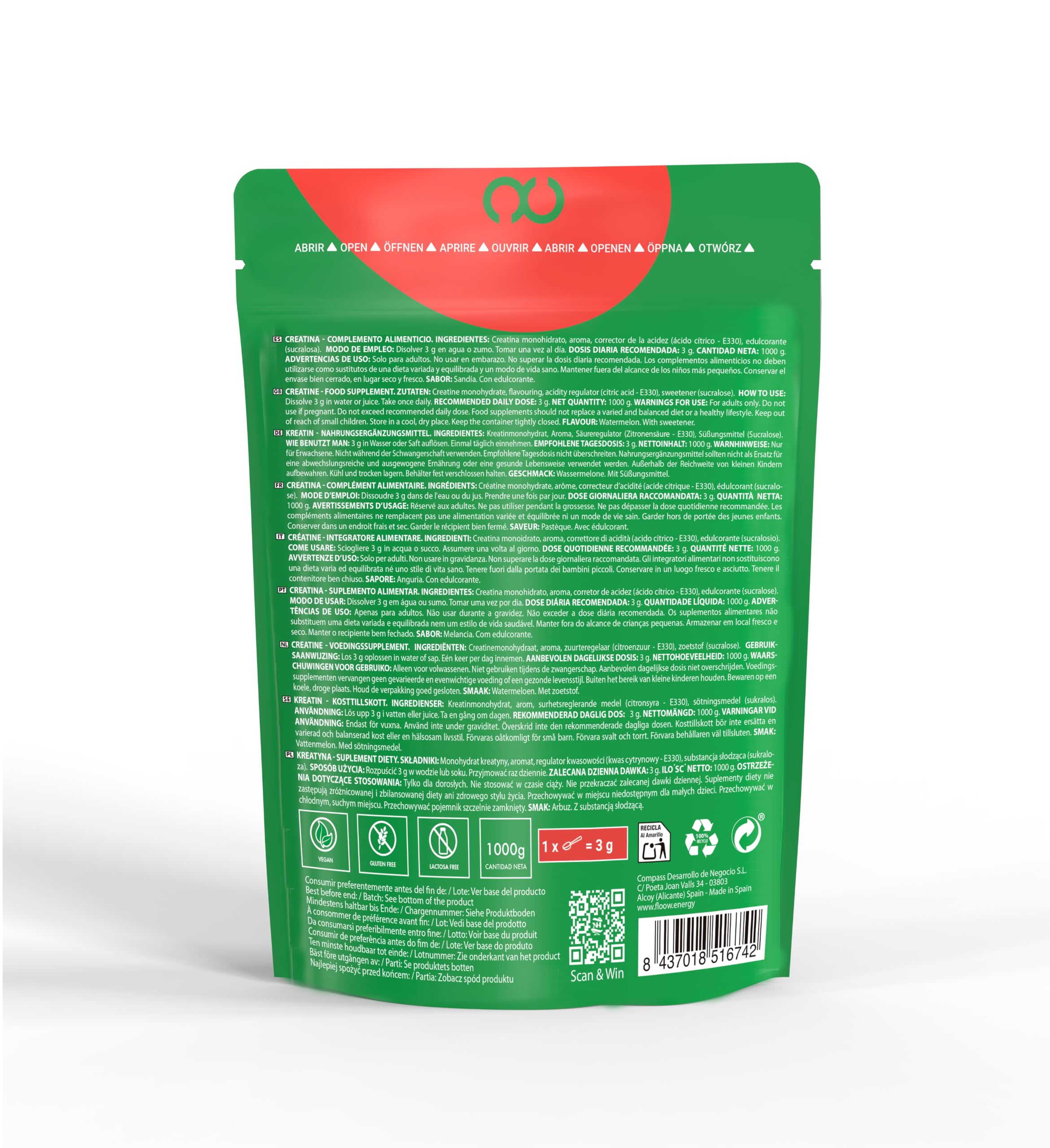 FLOOW - Creatina Monohidratada Sabor Sandía - 1000g (333 Dosis) - Creatine en Polvo Pura sin azúcar ni Maltodextrinas - Creatina Micronizada 200 Mesh - Suplemento Deportivo para Masa Muscular
