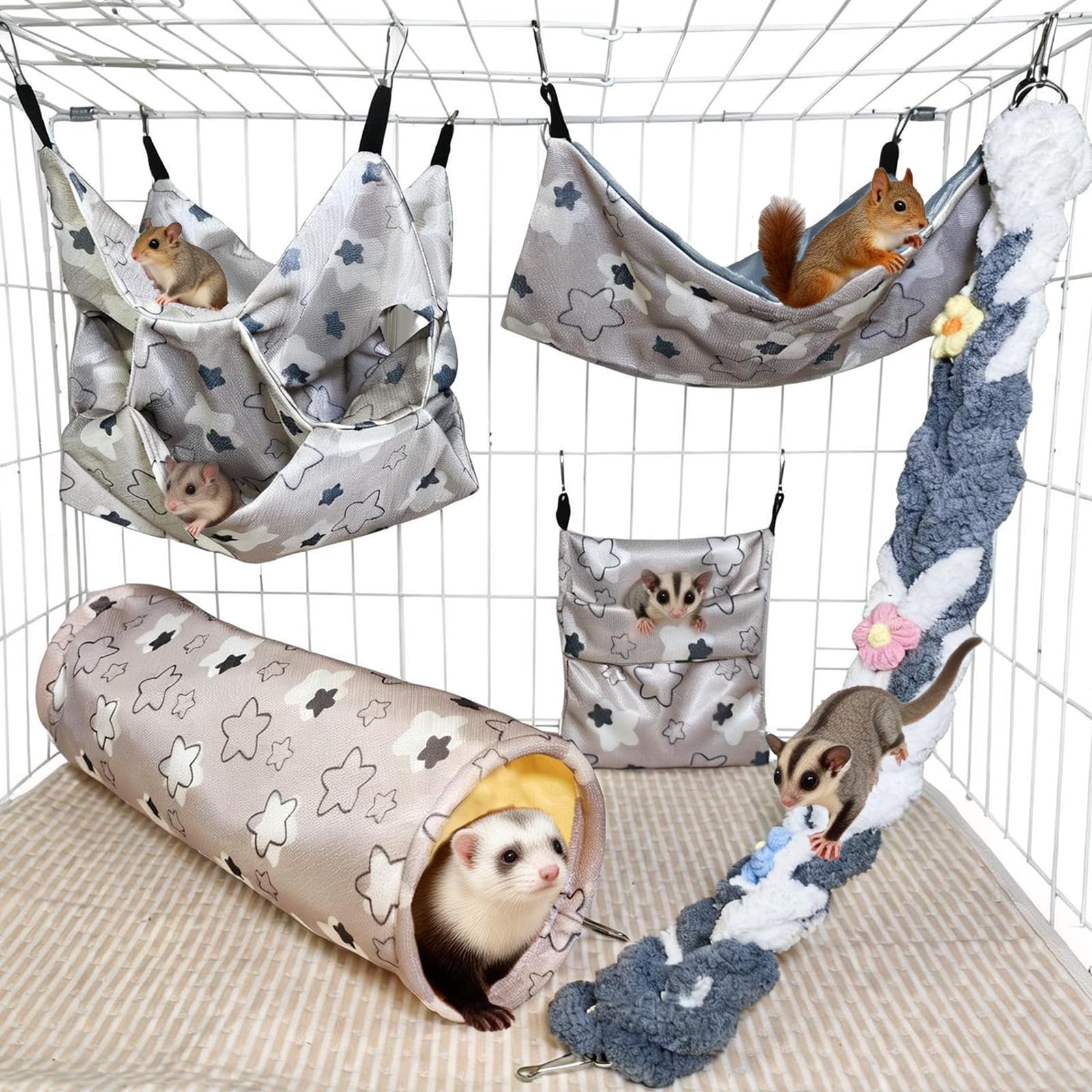 Rat Hammock Sugar Glider Climbing Ropes Toys Rat Hanging Tunnel Hammock Swing Squirrel Hideout Bed Cage Accessories for Mouse Hamster Chinchilla Ferret Small Animals (Grey)