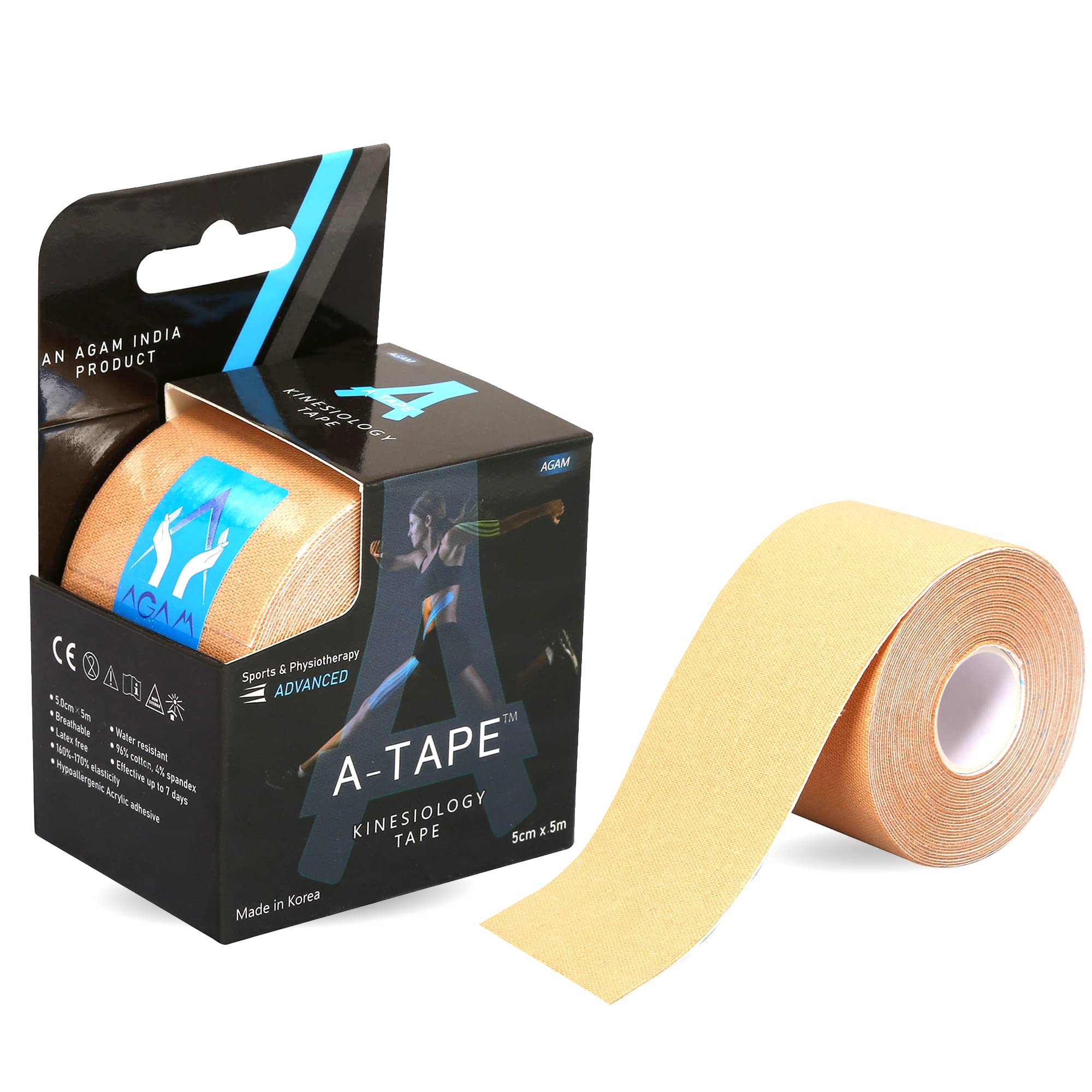 A-TAPE Waterproof Kinesiology Tape (5 mtr X 5 cm | Beige) | Latex Free Breathable Athletic Sports Korean Tape for Injury, Muscle Support, Pain Relief, Joint Support and Physiotherapy Uncut