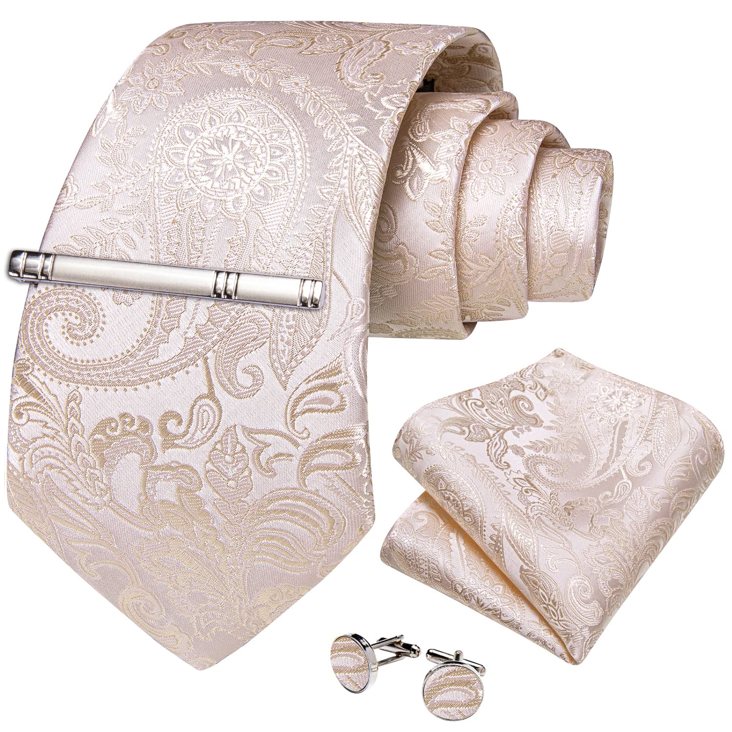 DiBanGu Herren Seidenkrawatte Paisley Floral Krawatte Set mit Einstecktuch Manschettenknöpfe Krawattenklammer für Hochzeit Business
