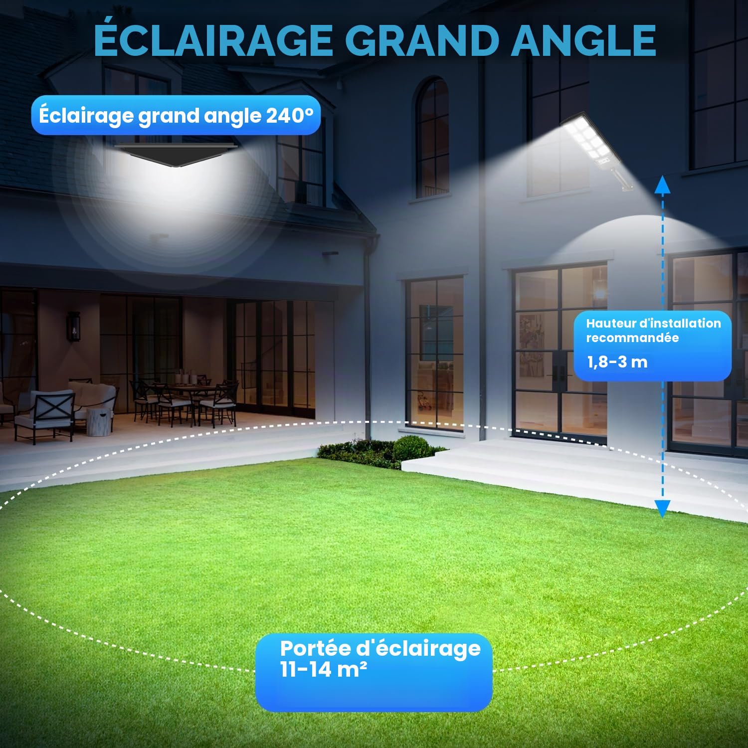 Lampadaire Solaire Extérieur LED 6000K avec Panneau Solaire et Détecteur de Mouvement, IP66 Étanche Lampe Lampadaire de Jardin Spot Solaire Projecteur avec Télécommande pour Cours Garage(4)