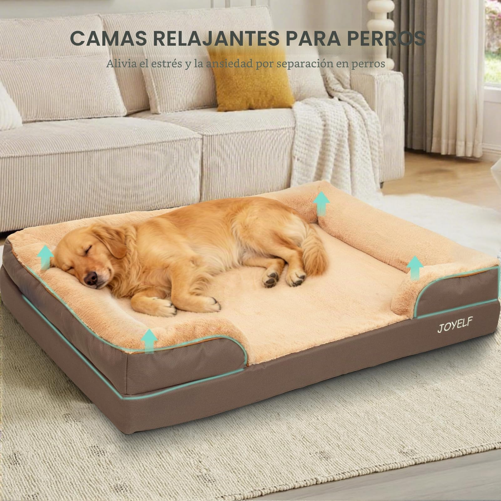 JOYELF Cama Ortopédica para Perros Grandes, Sofá Cama de Espuma, Cama Impermeable con Funda Lavable y Base Antideslizante - Café