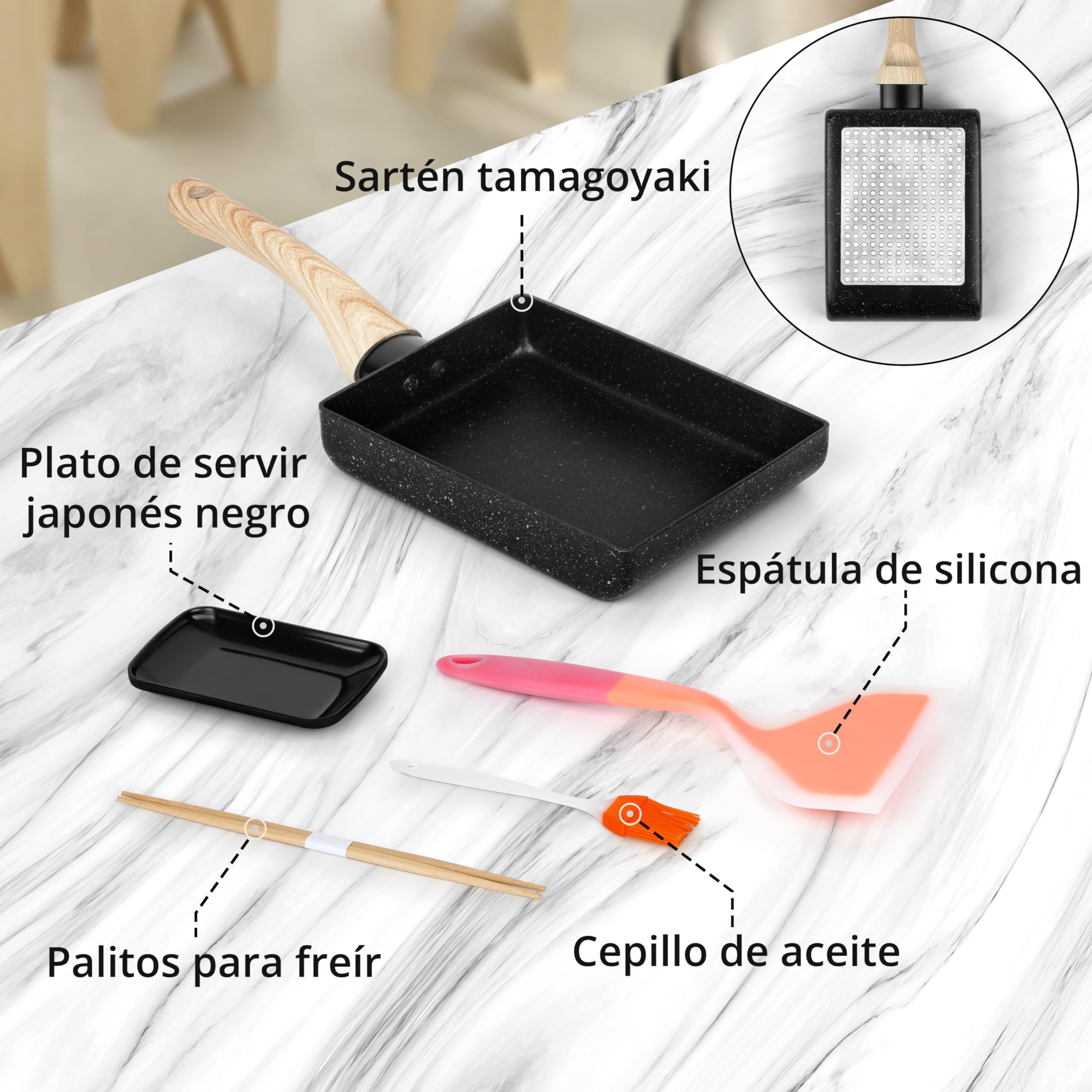 Winter Shore Juego de Sartén Tortilla Japonesa - Sarten Antiadherente Rectangular para Tamagoyaki con Mango de Madera - Incluye Plato, Cepillo para Aceite, Espátula, Palillos - Utensilios de Cocina