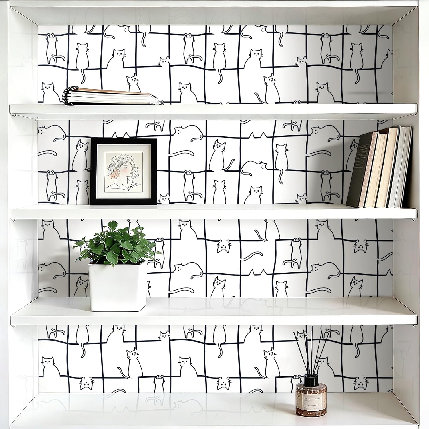 LaCheery 17.5"x275" Cat Peel and Stick Wallpaper Black and White Contact Paper Peel and Stick Wallpaper Checkered Line Self Adhesive Wall Paper for Kids Room Walls Cabinets Drawers Bathroom Waterproof