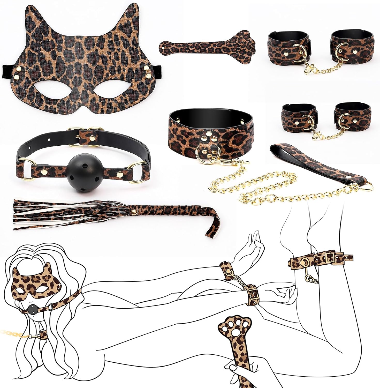 Bondage for Sex 7 Pcs BDSM – Leather Bondage Restraints Kits with Adjustable Handcuffs,Shackles,Mouth Gag,Sex Whip,Blindfold & Paddle,Adult Games Sex Toys for Men Women and Couples Foreplay