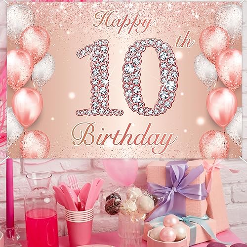 Miniatura 6 de Cartel de feliz cumpleaños número 10 de oro rosa, globos de confeti para niñas de 10 años, decoración de fiesta de cumpleaños rosa, suministros de
