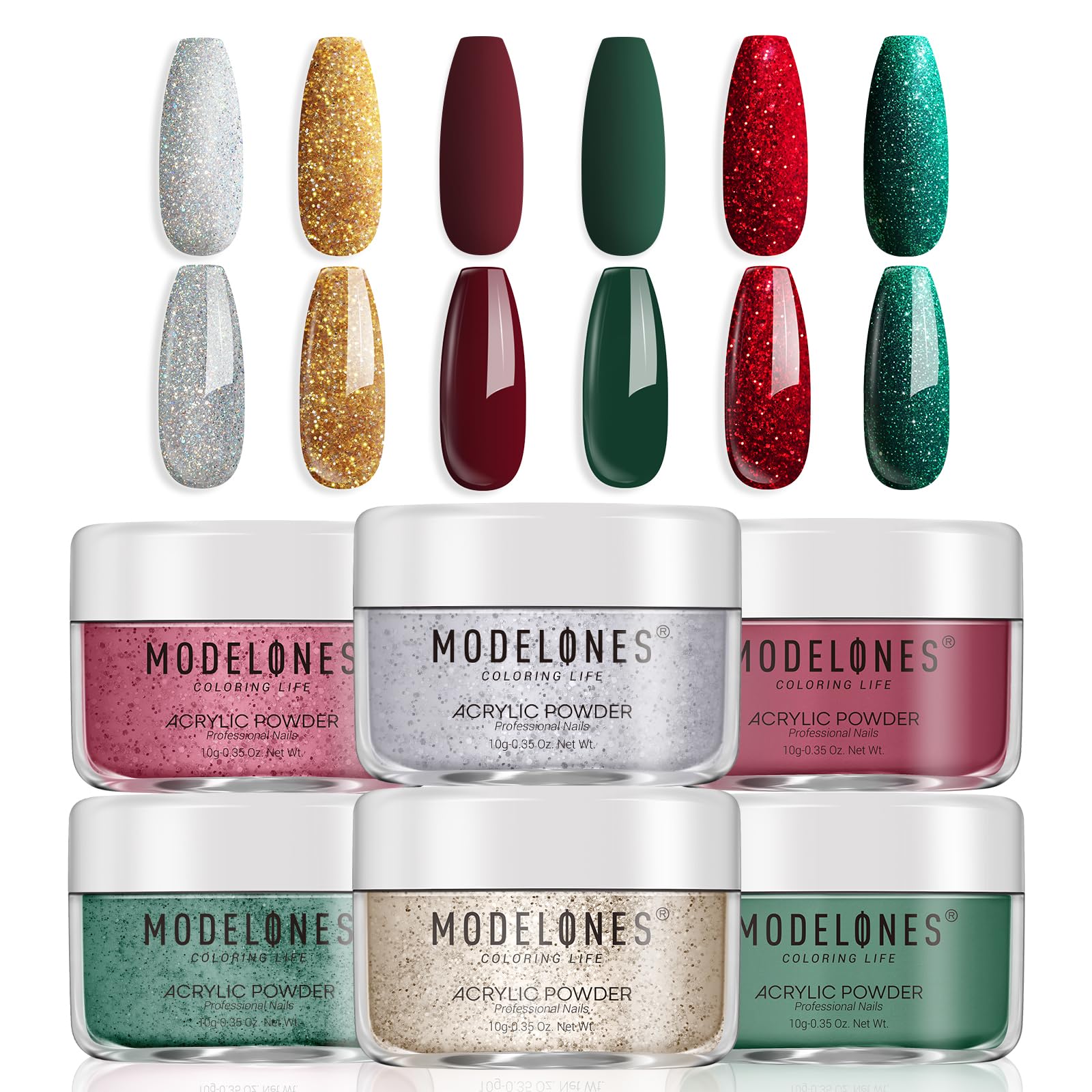 Modelones Christmas Colors Acrylic Powder Kit - 6 Colors Golden Glitter Yellow Green Dark Red Sliver Christmas Eve Cover Powder for Nail Art Extension