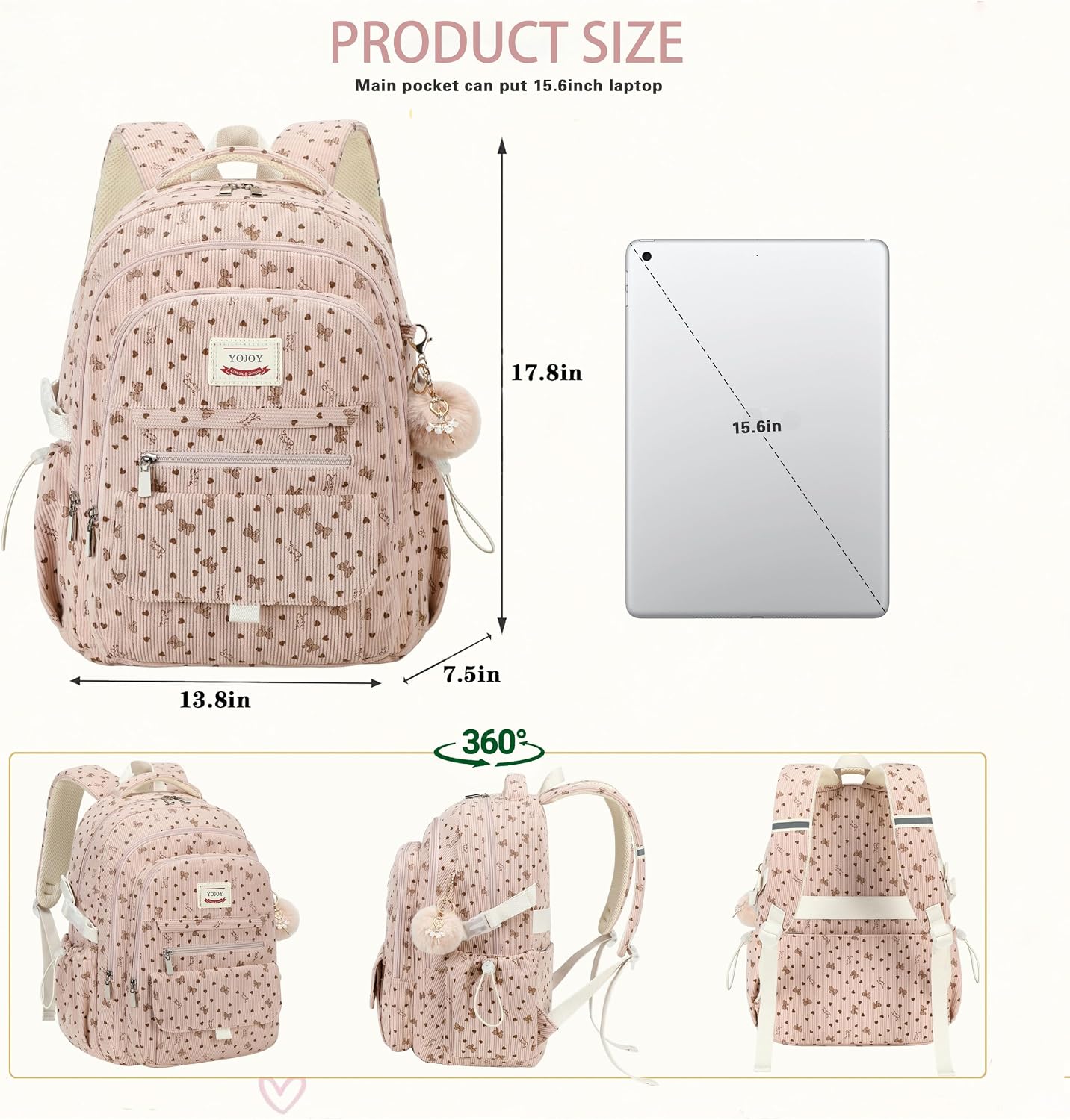 Kids Backpack for Girls,15.6 Inch Laptop School Backpacks for Teens Women-Corduroy Book Bag for Elementary Middle High Students Cute Kawaii Travel Daypack(Pink Bowknot) image 5