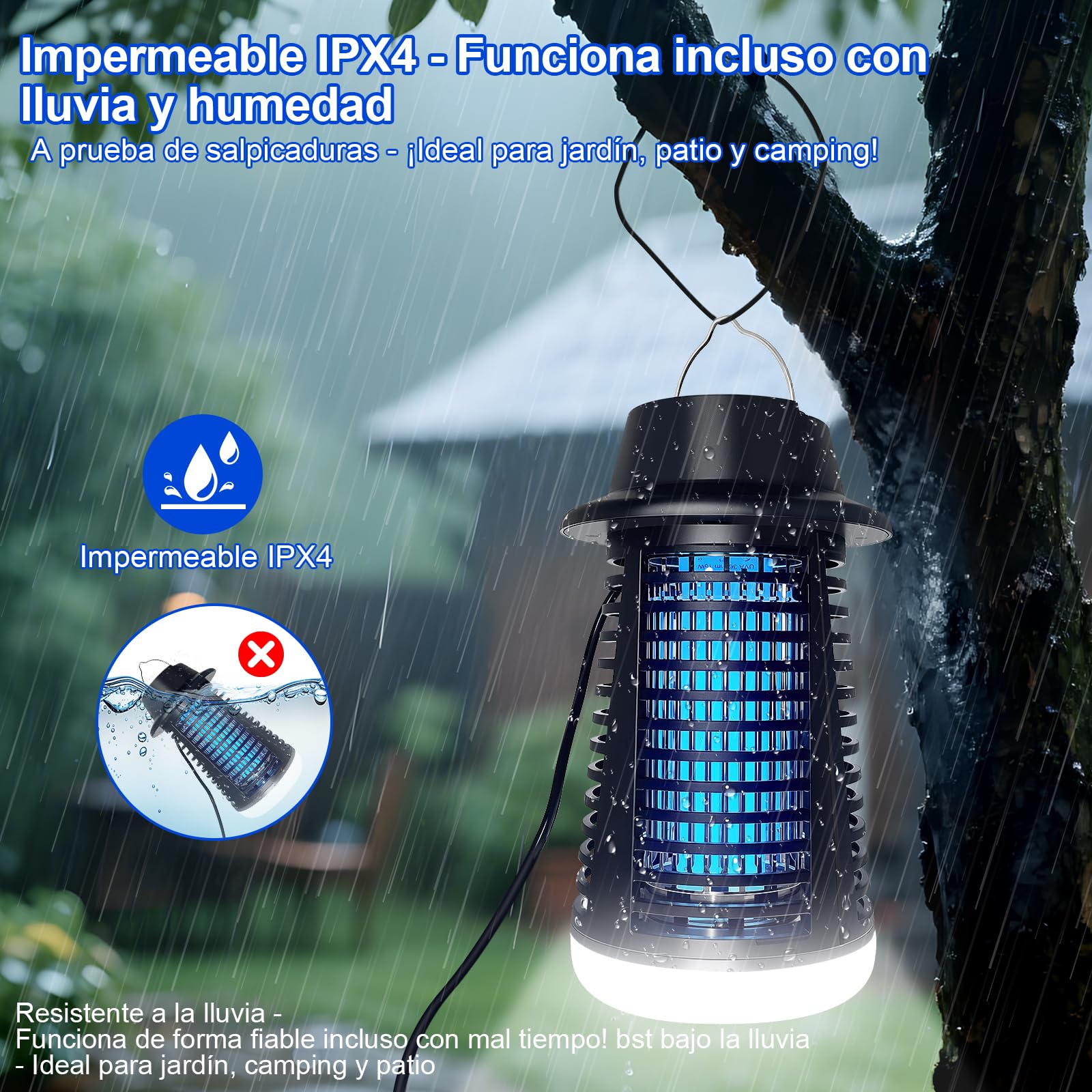Lampara antimosquitos Exterior con LED, Mata Mosquitos electrico 4200V+15W UV, No tóxico e Inodoro, IPX4, Atrapa eficazmente Mosquitos, Moscas y Polilla