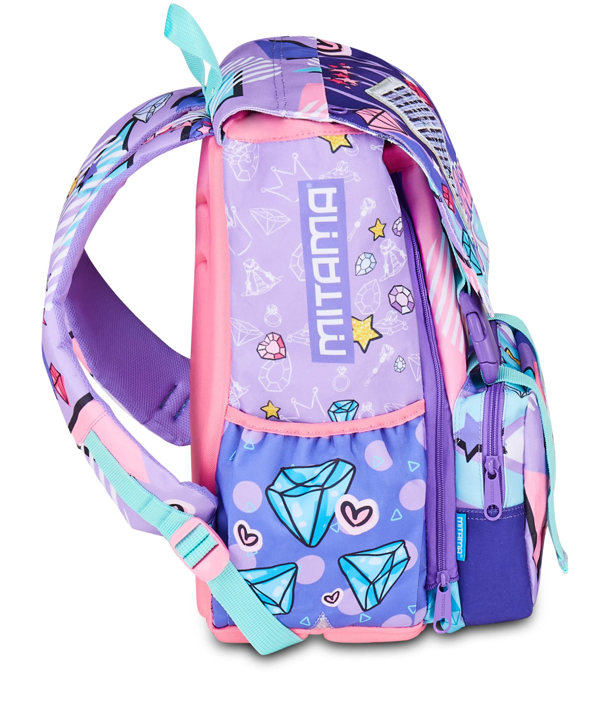 Zaino scuola Triplo Scomparto Mitama DOUBLE DIAMOND, Lilla, Zaino Estensibile, Tasca Porta Borraccia, Schienale Preformato, Scuola Elementare, Bambina