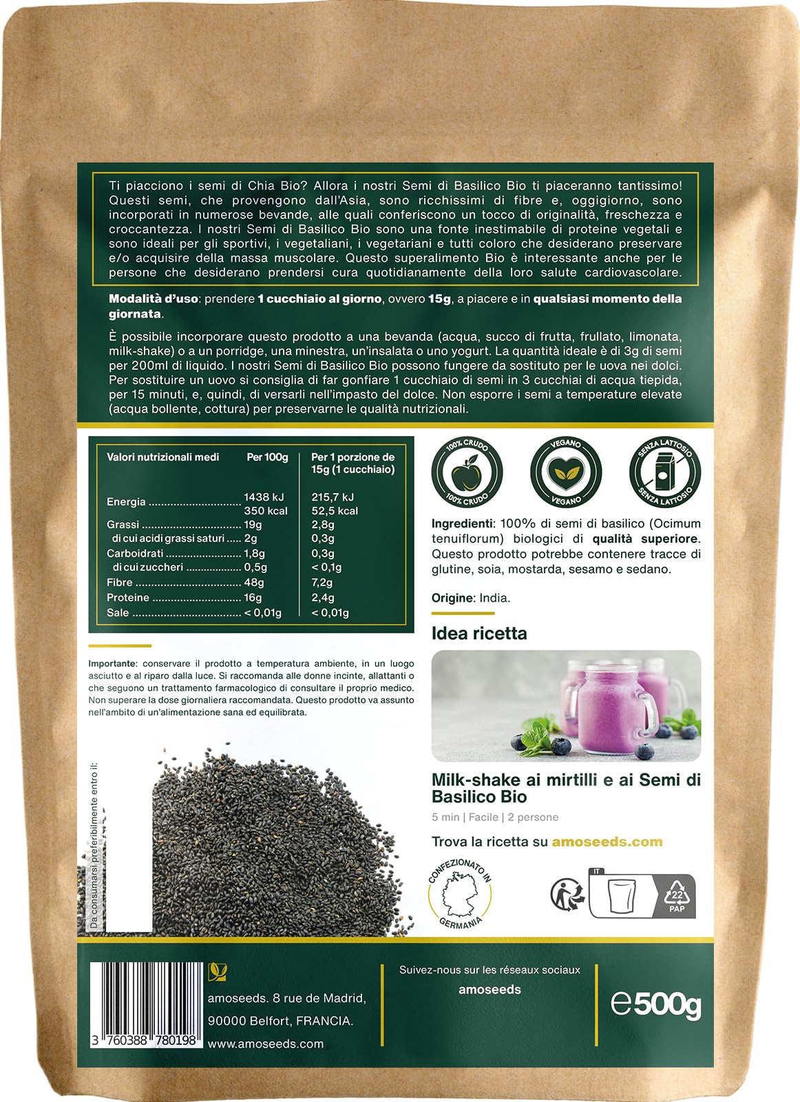 Semi di Basilico Bio 500G | Sazietà, Rinfrescanti, Ricchi di Proteine | Simili ai semi di Chia | Qualità Superiore