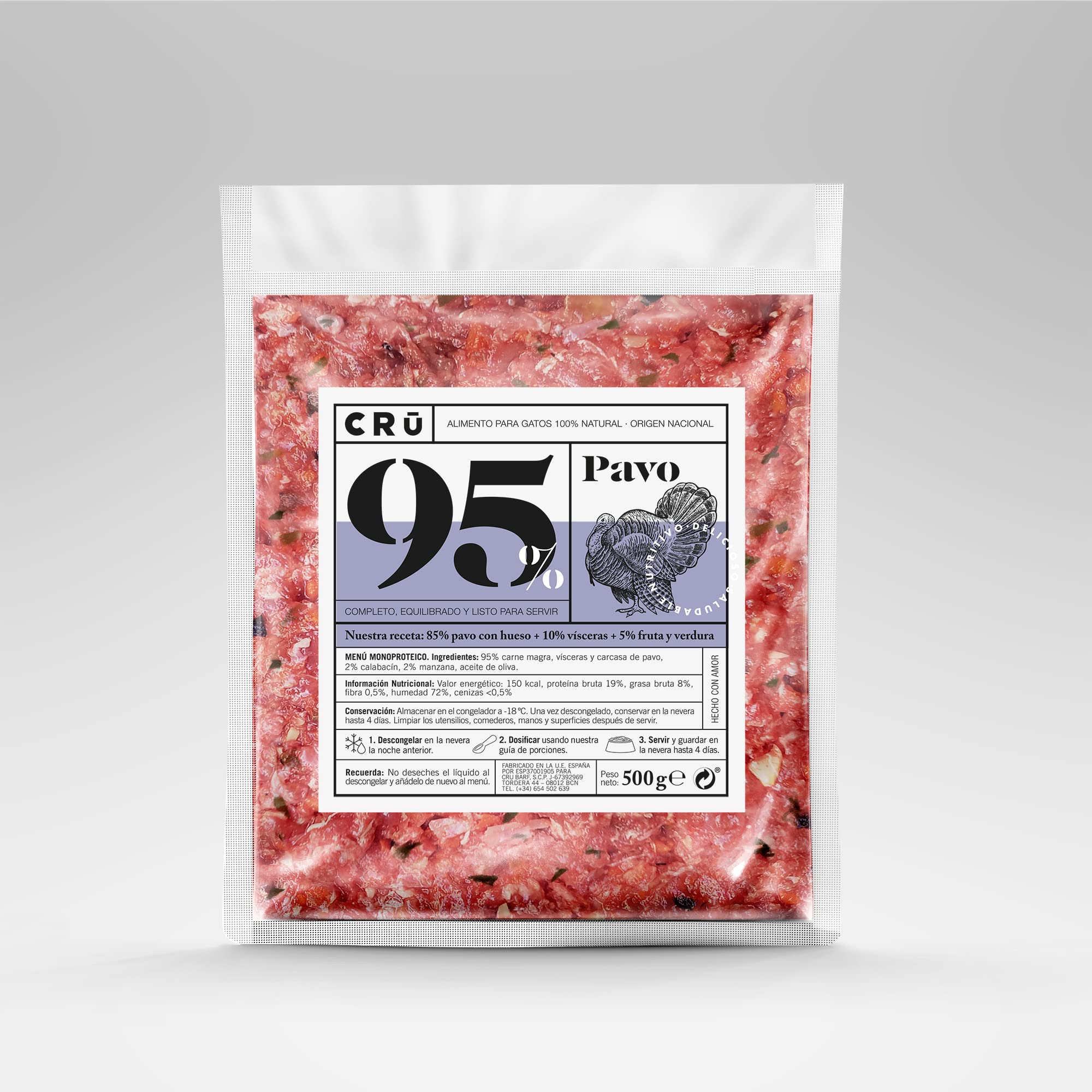 CRU - Comida para Gatos Cruda y Natural de Pavo - Dieta Barf para Gatos Junior y Adultos - Comida Congelada para 1 Mes - 10 Paquetes de 500g. (10 Paquetes, Pavo)