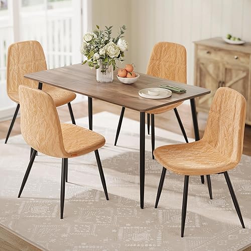 VASAGLE Dining Chairs, Set of 4 Dining Room Chairs, Metal Frame, Adjustable Feet, Easy to Clean, Glacier-Textured Synthetic Leather, for Kitchen, Caramel Brown UKDC188K01
