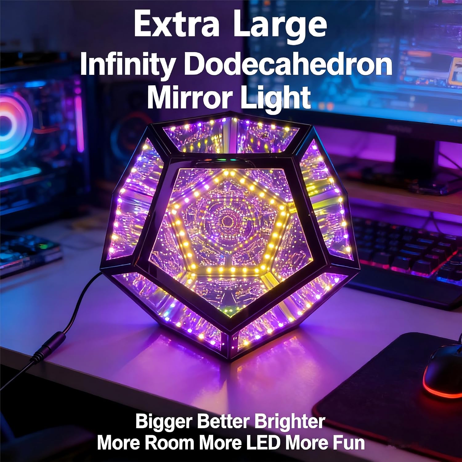 Extra Large Infinity Dodecahedron Light, 3D Infinity Mirror Light RGBW Color Changing, Music Sync, USB powered Night Lighting for Gaming Room Desk Decor, Birthday Christmas Gift for Men Boys Gamers