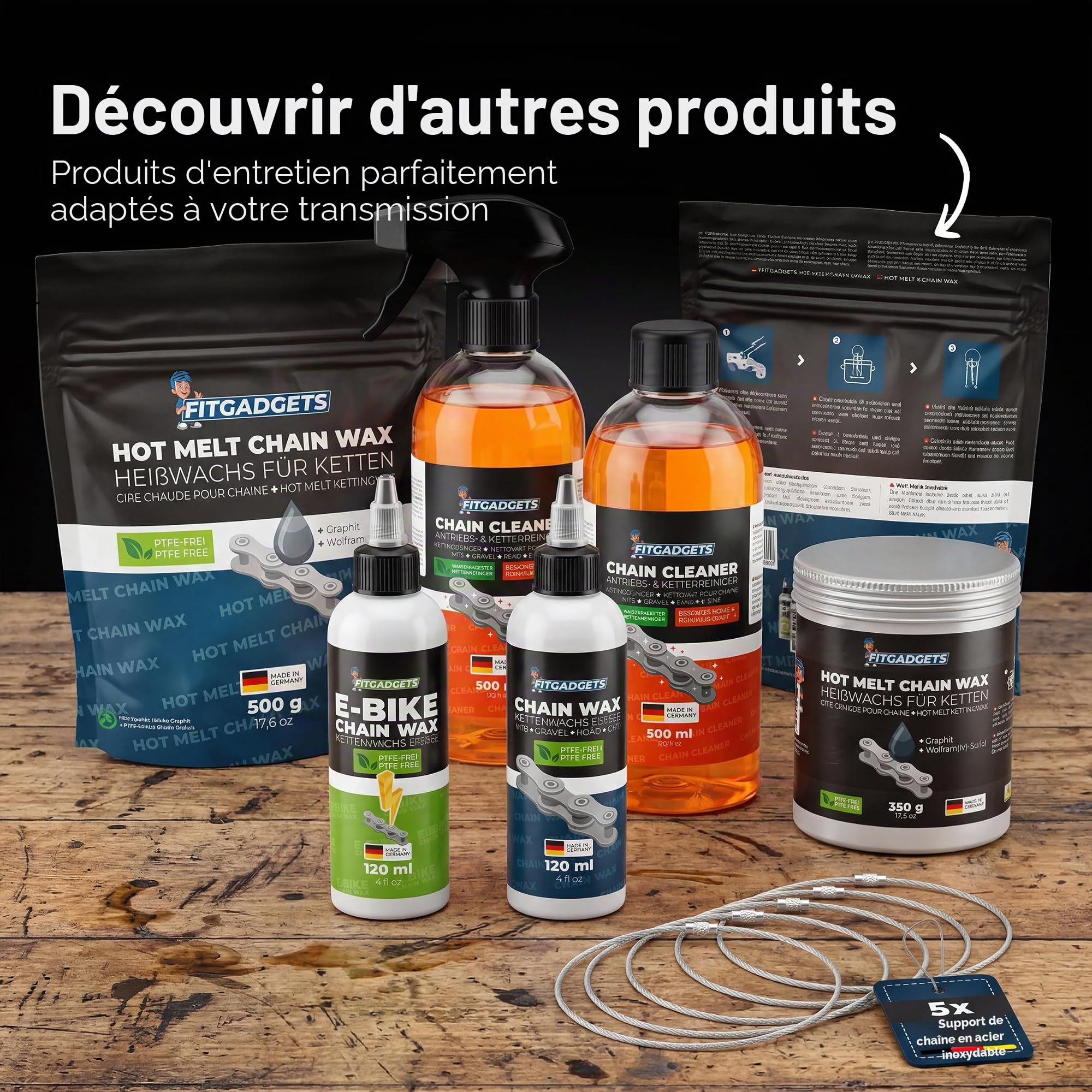 OH3 Fitgadgets Cire chauffante pour chaîne de vélo dans une boîte de cire chaude – Avec 3 supports de chaîne – 350 g de cire Hot Melt Chain avec graphite et sulfure de tungstène – Lubrifiant de cire