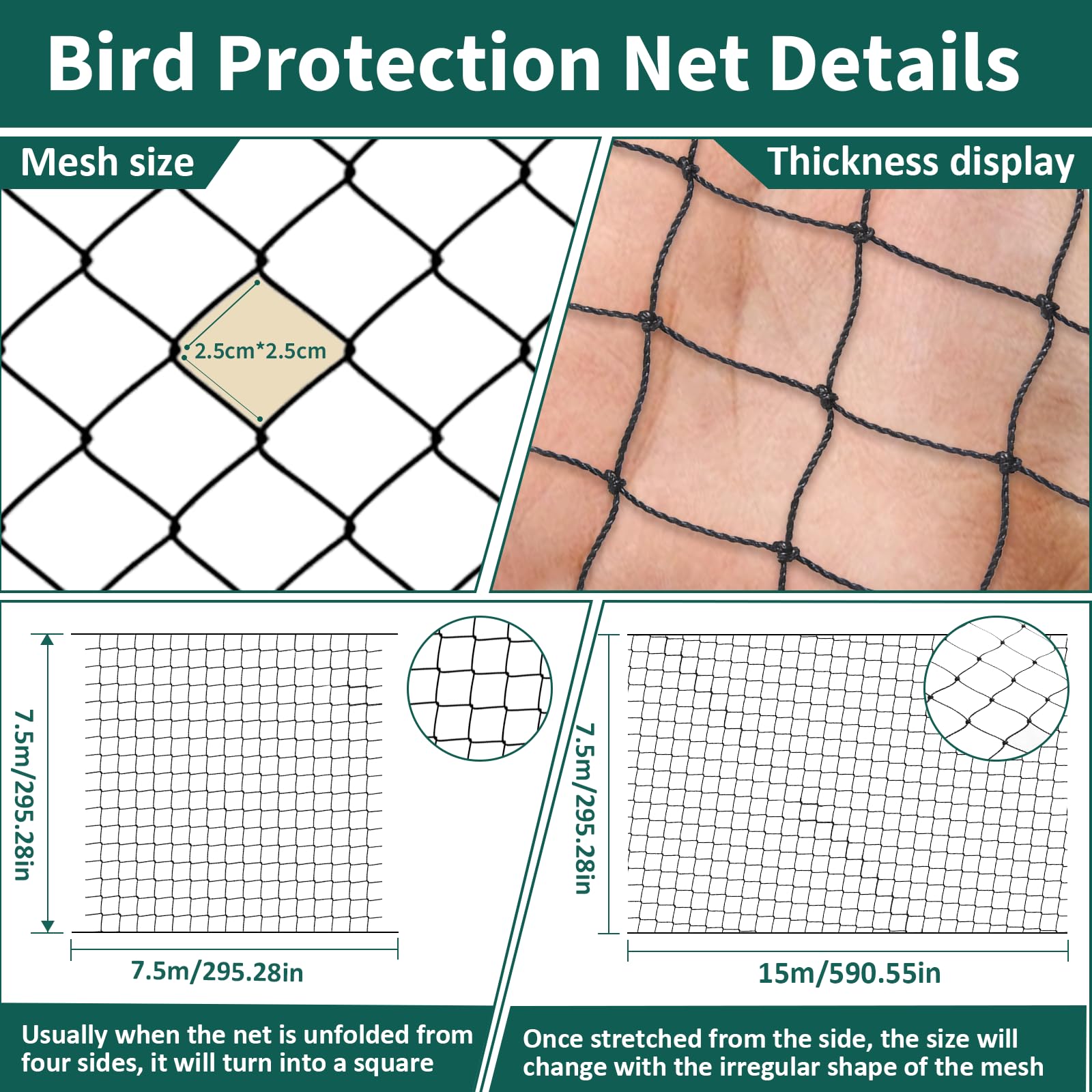 LALAGO Rete Anti Uccelli, 7,5m x 7,5m Maglia 25mm x 25mm Rete Anti Piccioni Uccelli, Rete Tessuta Extra Forte, Reti per Proteggere Giardini Stagni Frutteti Orti Recinzioni