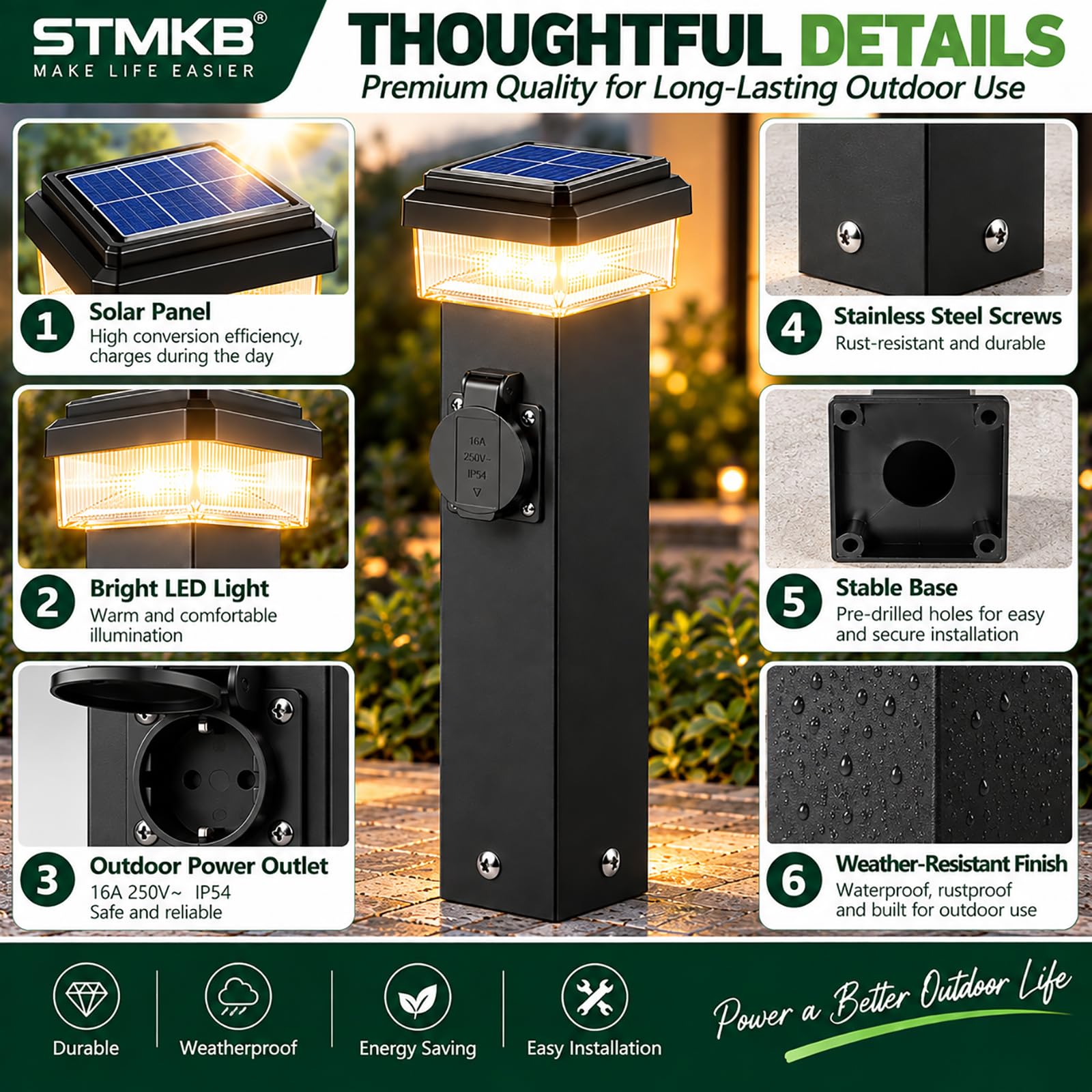 Poste De Luz Solar para Exteriores, 1 Toma De Corriente, Ip54, Resistente A La Intemperie, Pedestal Eléctrico para Jardín, Patio Y Paisajismo.
