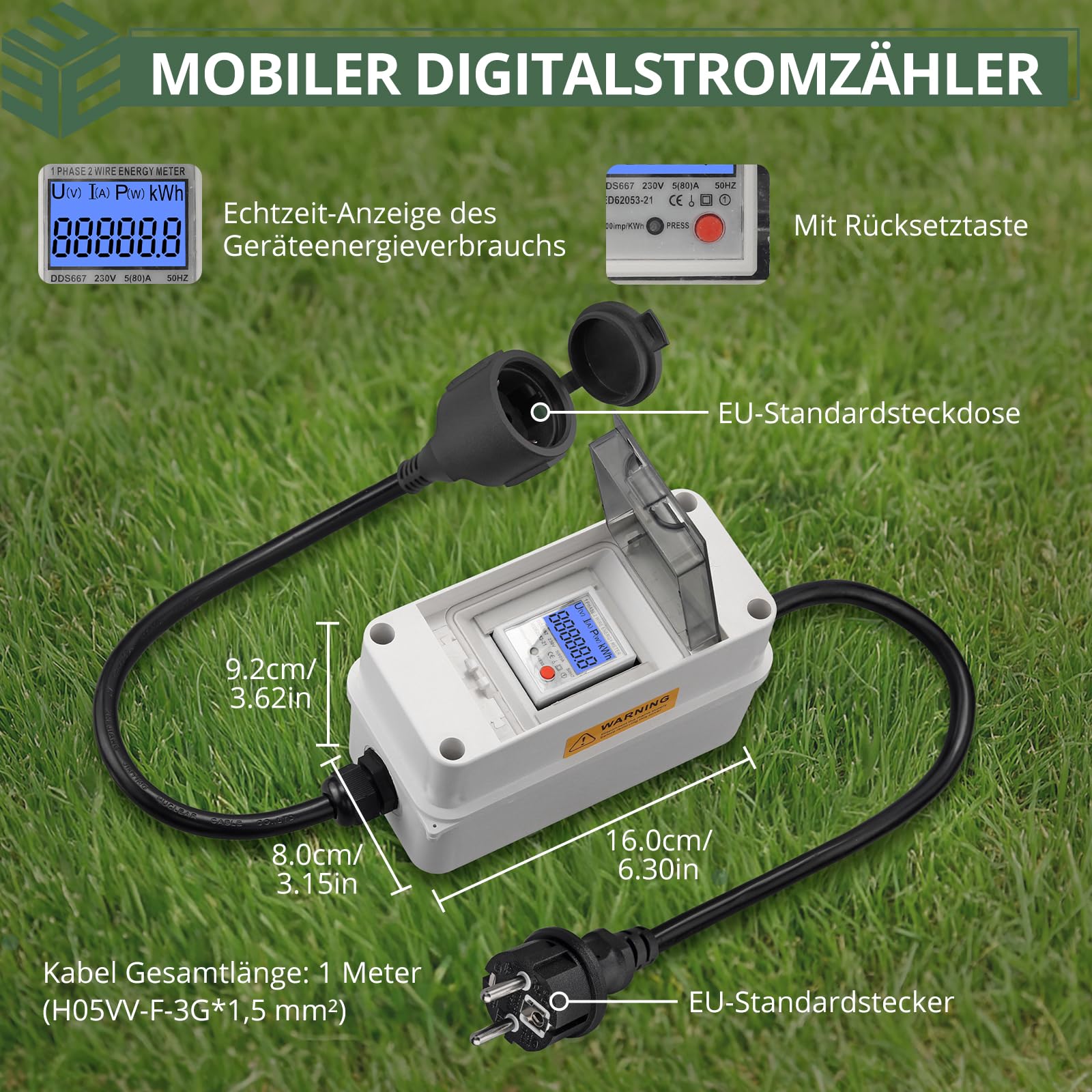 EYPINS Mobilny cyfrowy licznik prądu 80 A, 230 V, outdoorowy, mobilny miernik KWH, wodoszczelność IP65, przenośny licznik prądu LED z resetem, wtyczka SK, sprzęgło SK, do samochodów kempingowych