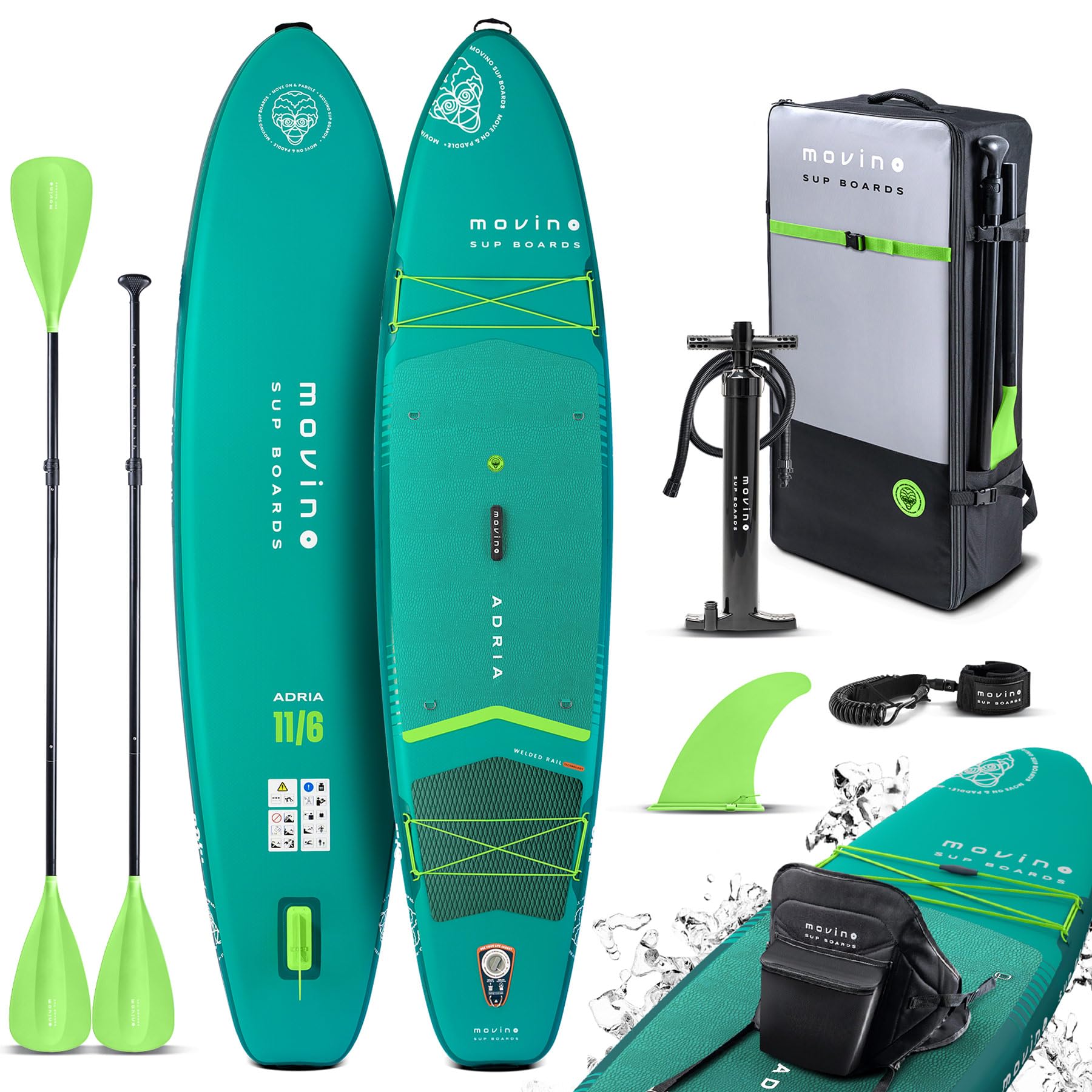 Movino Paddle Gonflable Adulte - 2in1 Sup Kayak - Jusqu’à 165 kg - avec Pagaie - 350 x 83 x 15 cm - Planche de Stand Up Paddle Adria 11’6"