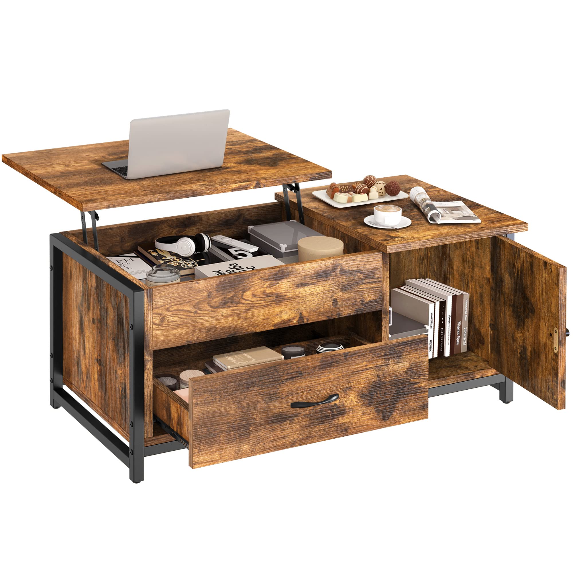 FABATO 41.7" Rustic Brown Lift Top Coffee Table with Storage Drawer, Hidden Compartment, and Barn Door Cabinet - Farmhouse Industrial Wood Center Sofa Console Table for Living Room