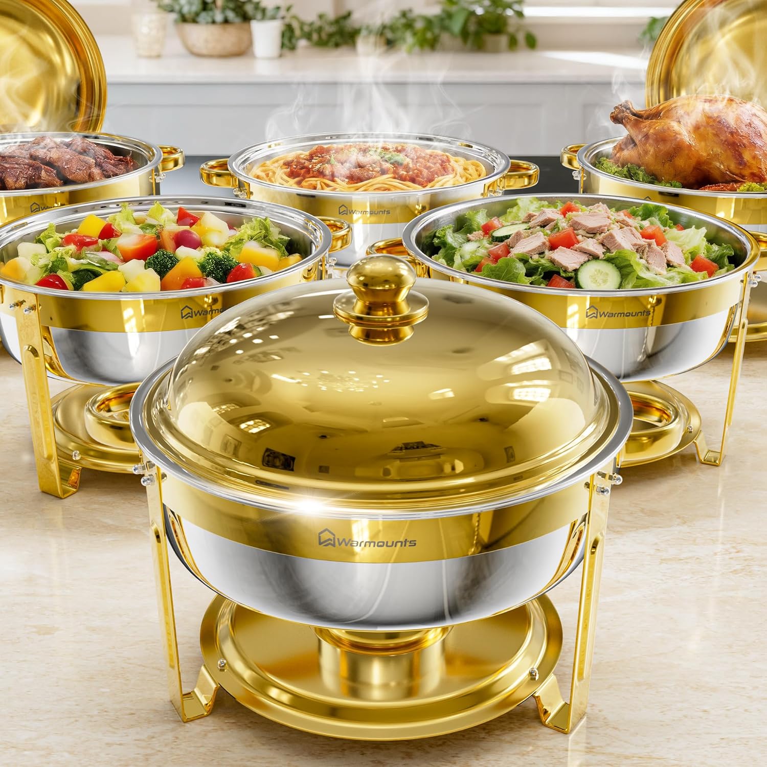 WARMOUNTS 6.5QT Gold Chafing Dishes for Buffet 6 Pack, Stainless Steel Round Chafers and Buffet Warmers Sets with Lid Holder, Rolled Rim Process, Stackable Design, for Catering, Parties, Weddings