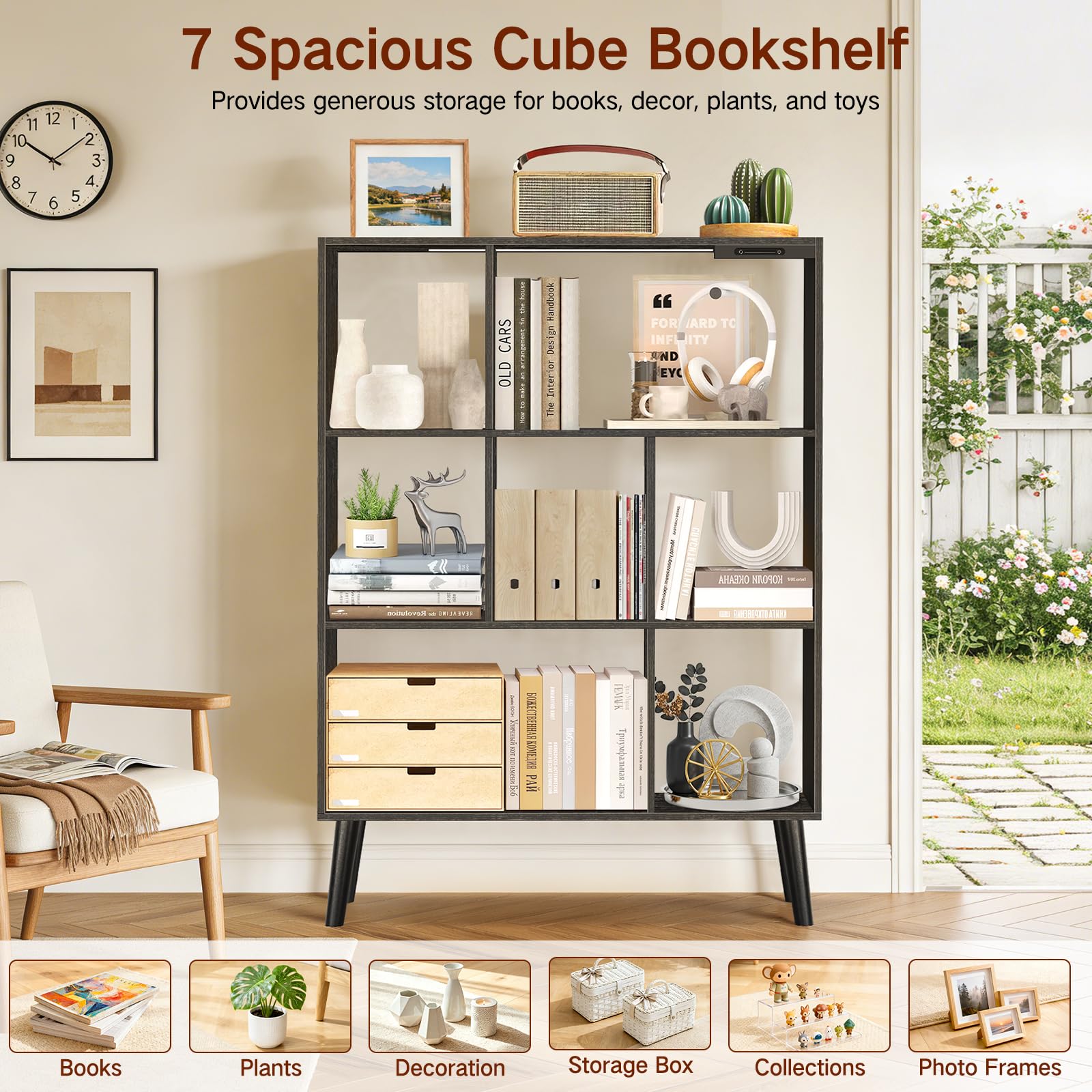 Libreria a 7 Cubi con Luci LED, Controllo Touch e Telecomando, Scaffale Moderno a Terra Dimmabile, Organizer in Legno Aperto per Soggiorno, Camera da Letto e Ufficio