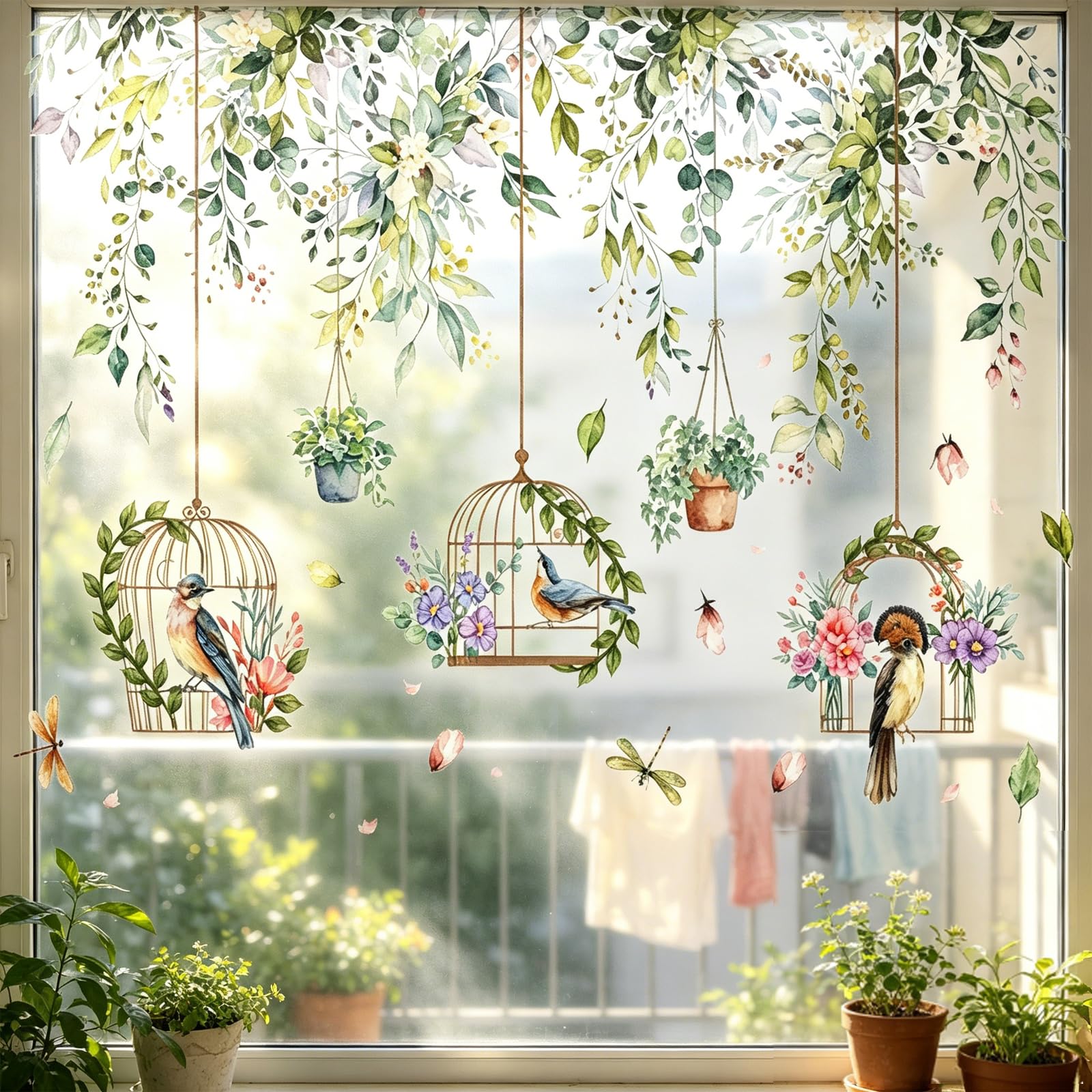 Botanical Window Stickers - Large Removable Wall Decals with Waterproof Hanging Basket Design, Perfect for Home Decor and Party Decorations