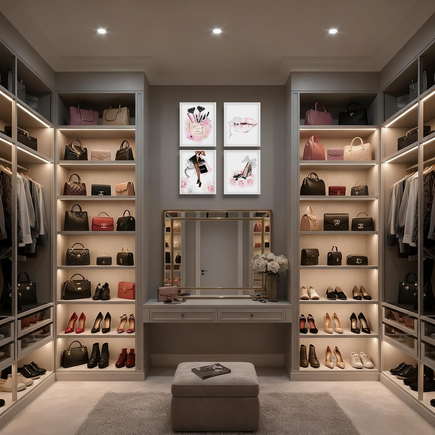 WNRTEKNK 4Pcs Fashion Women Wall Art High Heel Lips Handbag Wall Decor Glam Makeup Prints Makeup Perfume Pictures Painting For Girls Bedroom Living Room Office Bathroom 8x10 Unframed Posters - Image 6