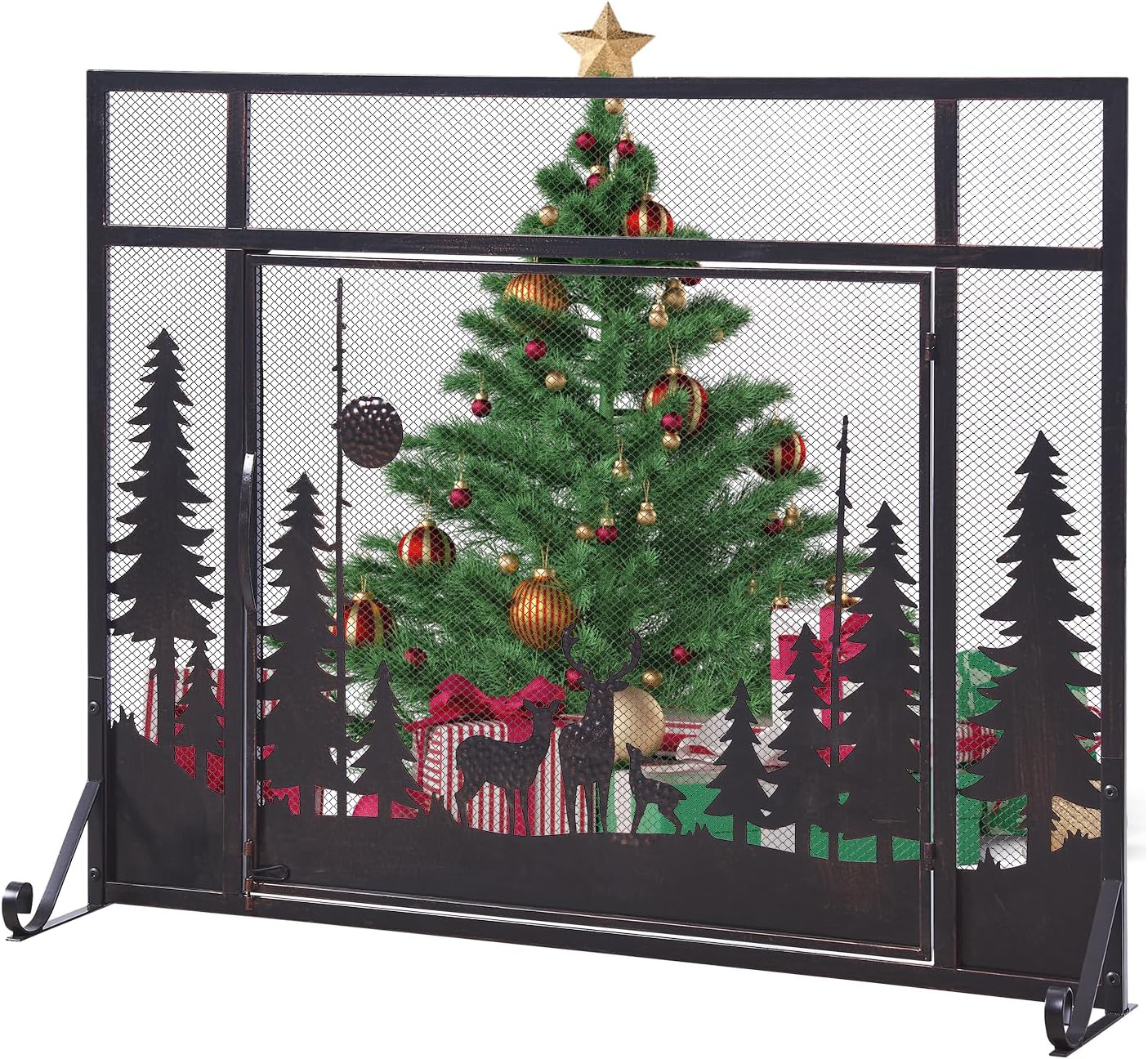 Vanity Art Single Panel Iron Fireplace Screen with Door | Farmhouse Decorative Mesh Spark Guard Fire Place Cover Bronze Finish Wood Burning Stove Accessories, Brown MLT2019FP-TRDE