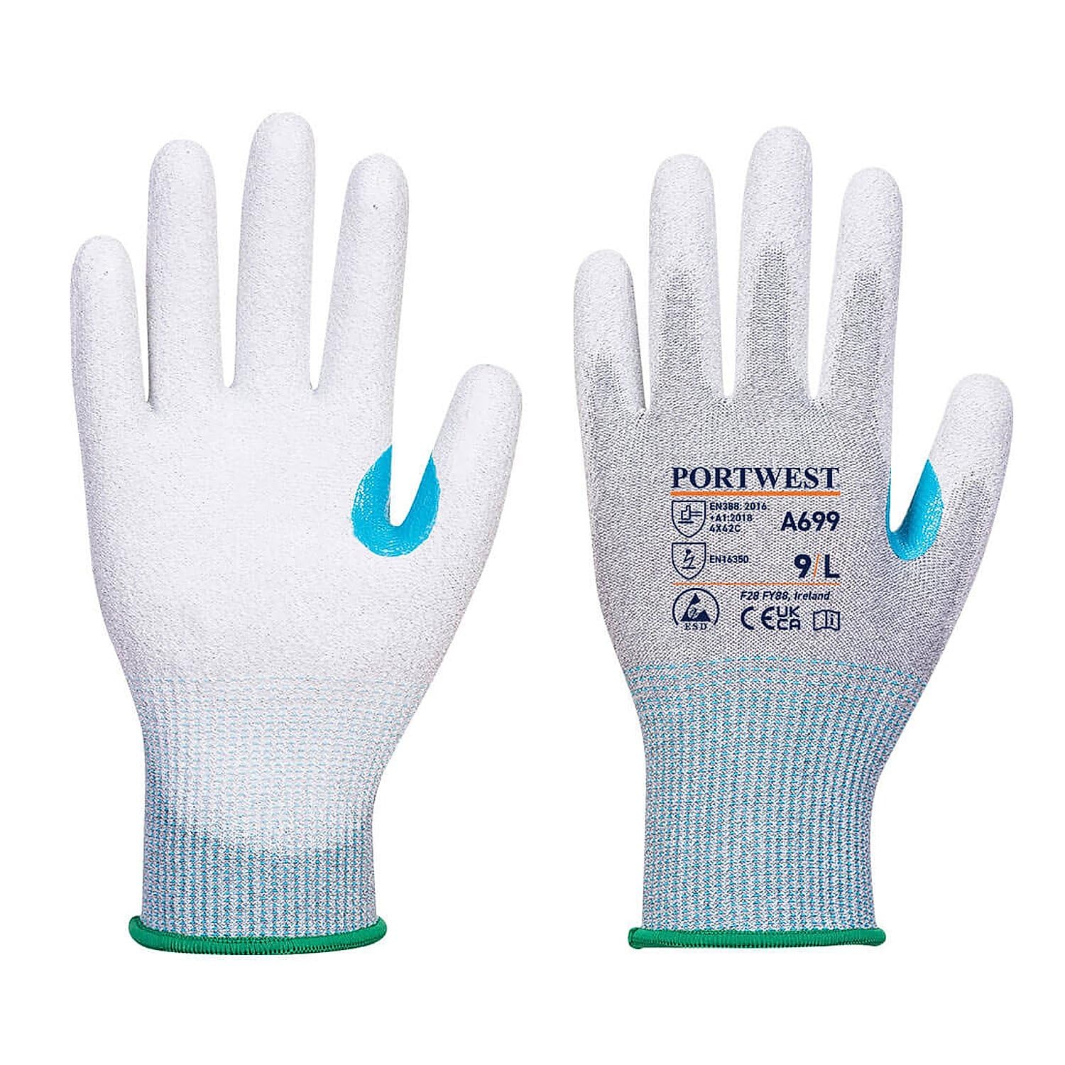 Portwest - Gants paume enduite PU ESD résistant à la coupure de niveau C (Pack de 12) S Gris / Blanc