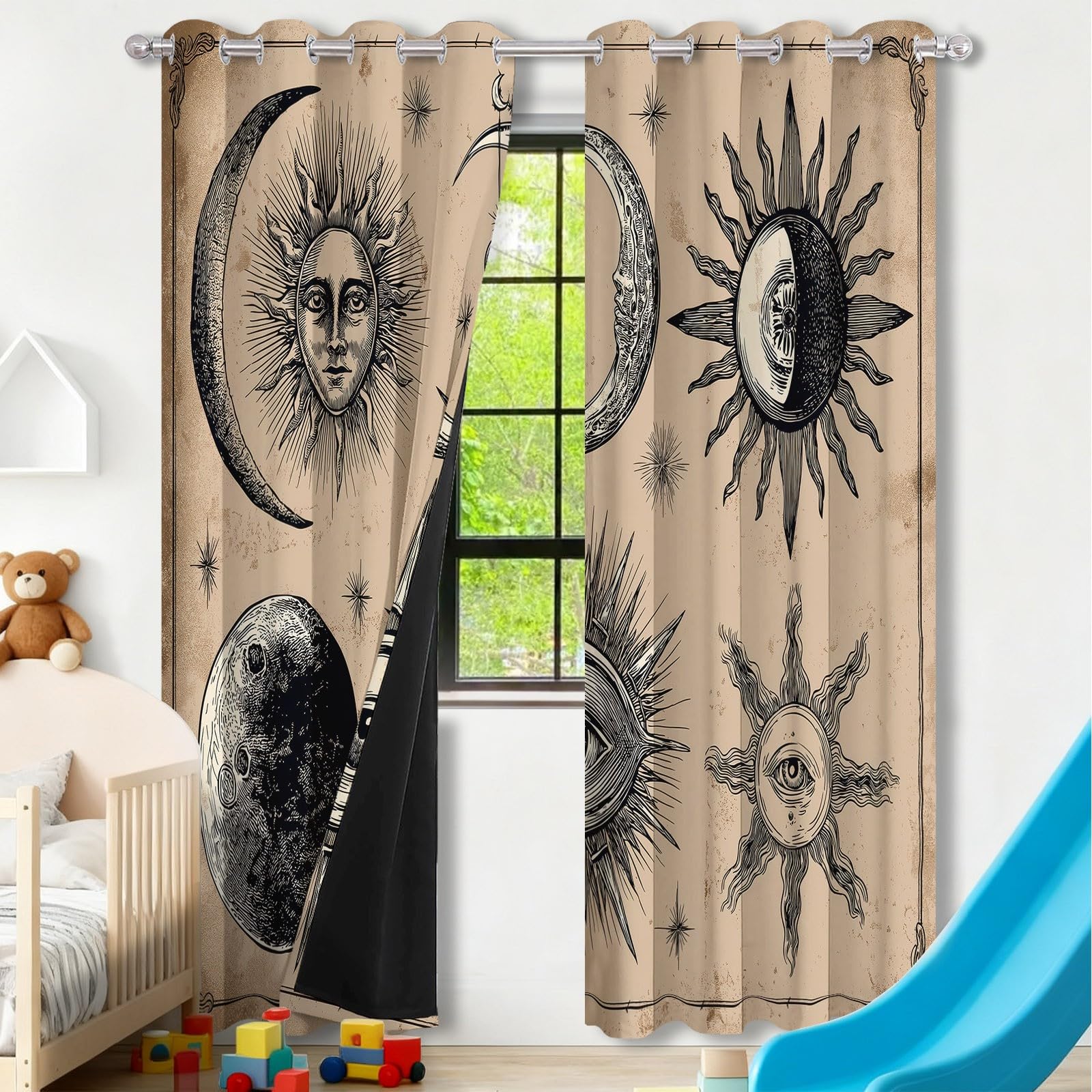 Retro Blickdicht Vorhänge Hellbraun, Wärmeisoliert UV-Schutz vorhänge mit Himmelselemente Sterne Muster, Verdunklungsvorhänge mit ösen für Wohnzimmer Schlafzimmer Deko, H 175 x B 140 cm (2er Pack)